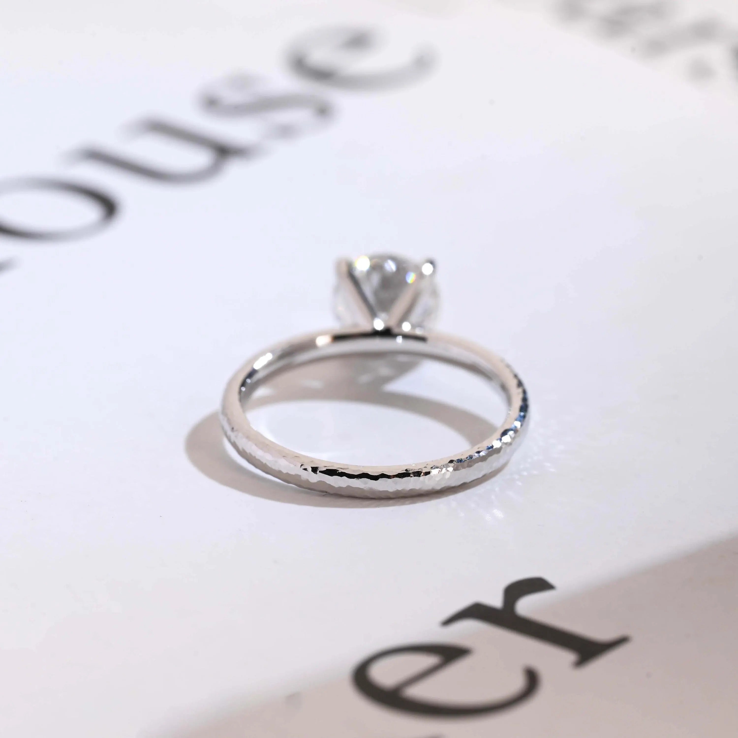 Solitaire Round Diamond Engagement Ring, Solid Gold Hammered Promise Ring, Birthday Gift for Women