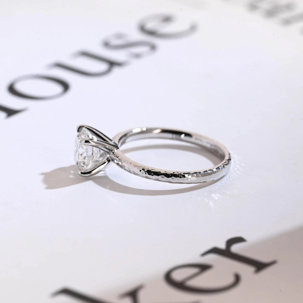 Solitaire Round Diamond Engagement Ring, Solid Gold Hammered Promise Ring, Birthday Gift for Women