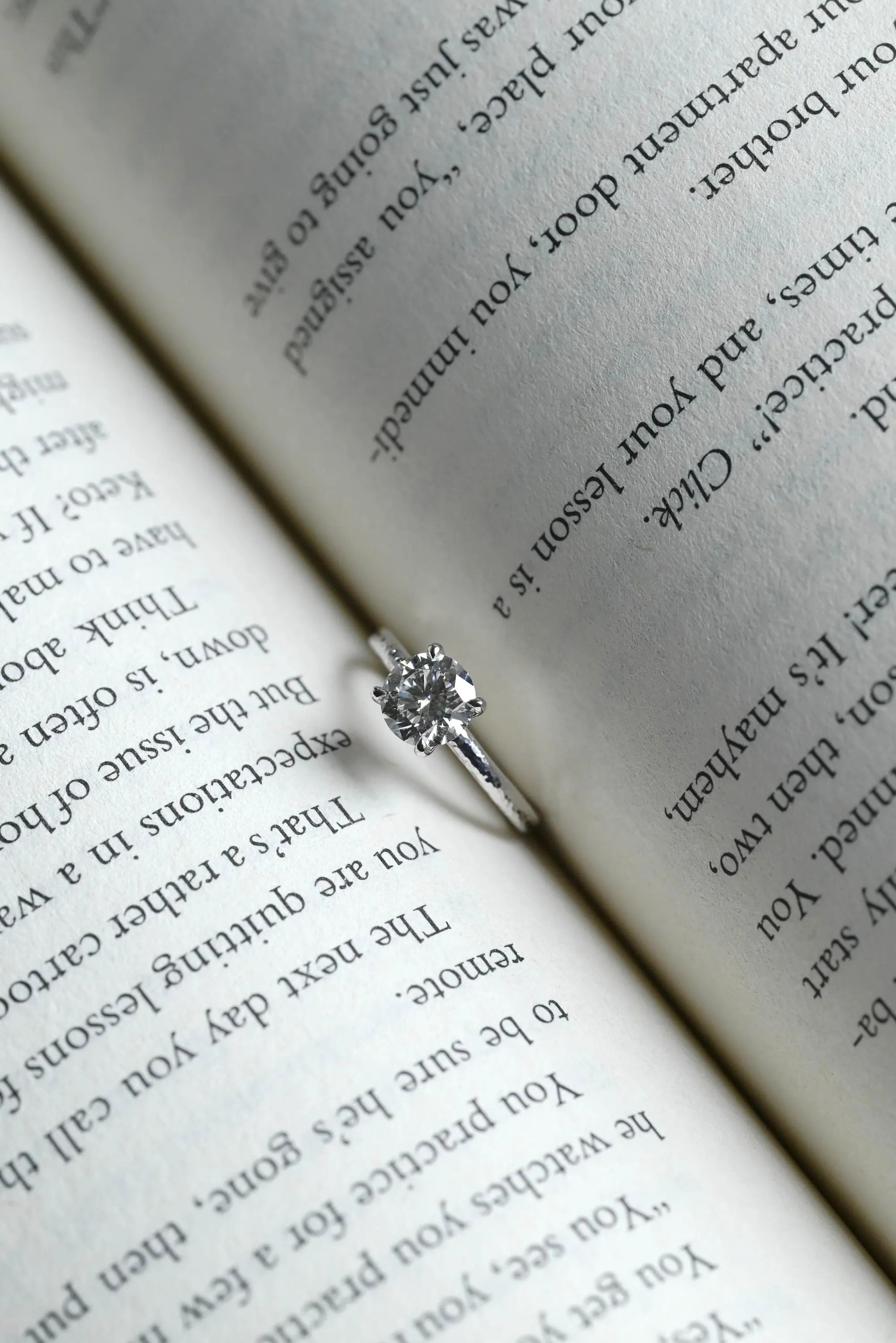 Solitaire Round Diamond Engagement Ring, Solid Gold Hammered Promise Ring, Birthday Gift for Women