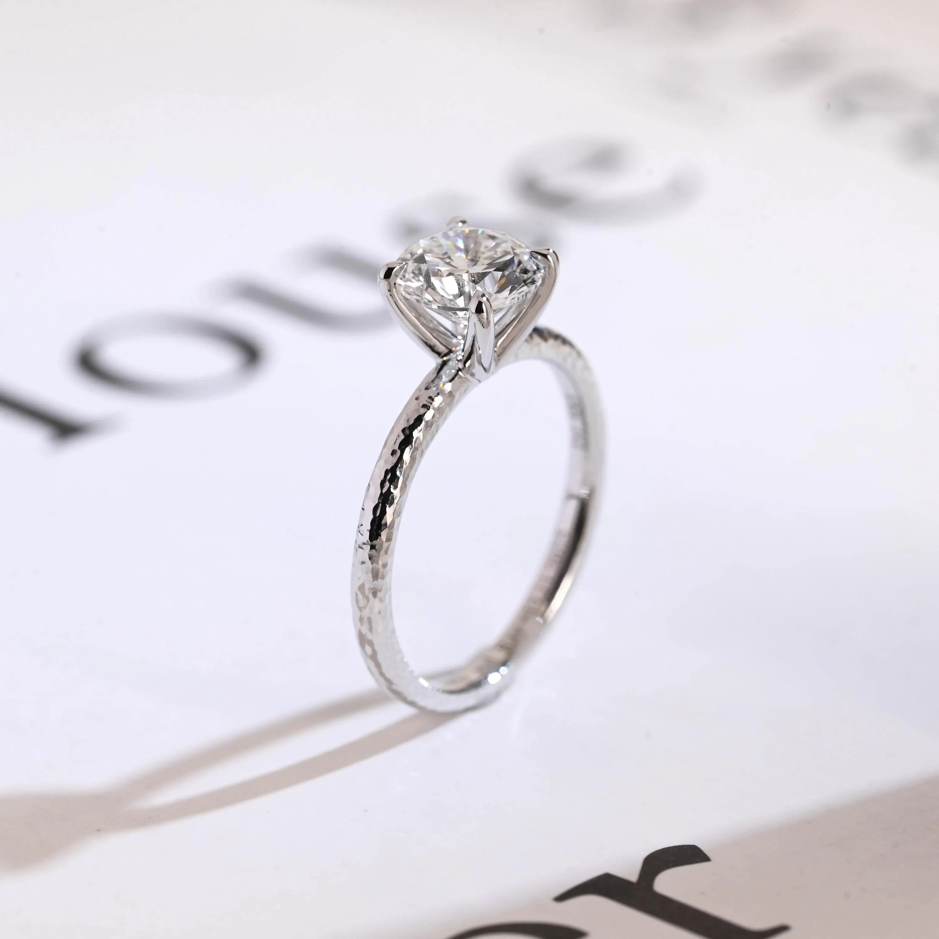 Solitaire Round Diamond Engagement Ring, Solid Gold Hammered Promise Ring, Birthday Gift for Women