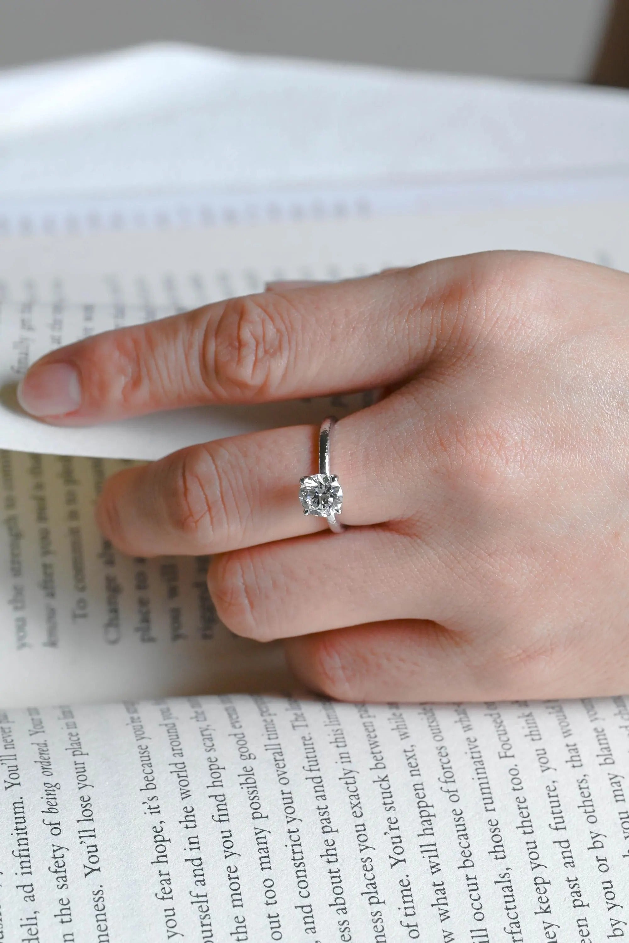 Solitaire Round Diamond Engagement Ring, Solid Gold Hammered Promise Ring, Birthday Gift for Women