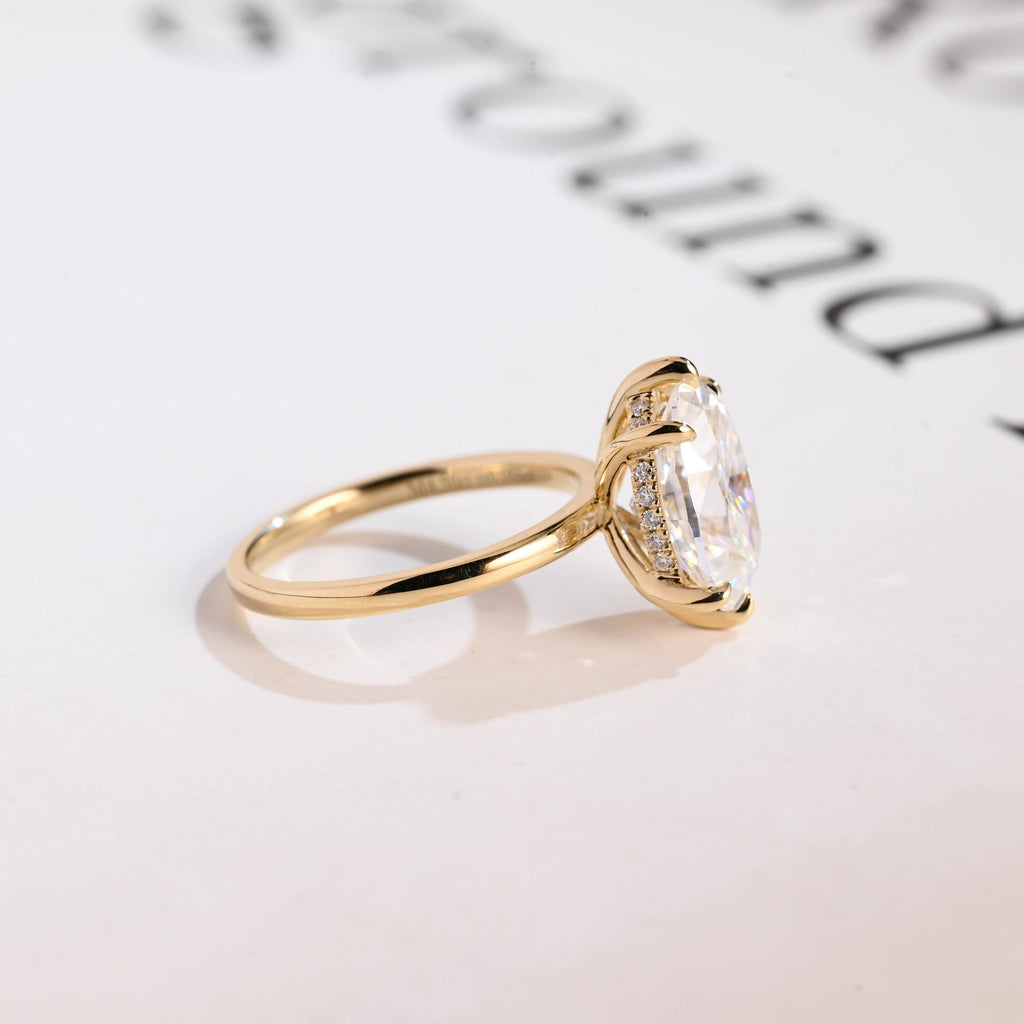 Solid Gold Oval Cut Moissanite Engagement Ring with Hidden Halo, Anniversary Gift for Her