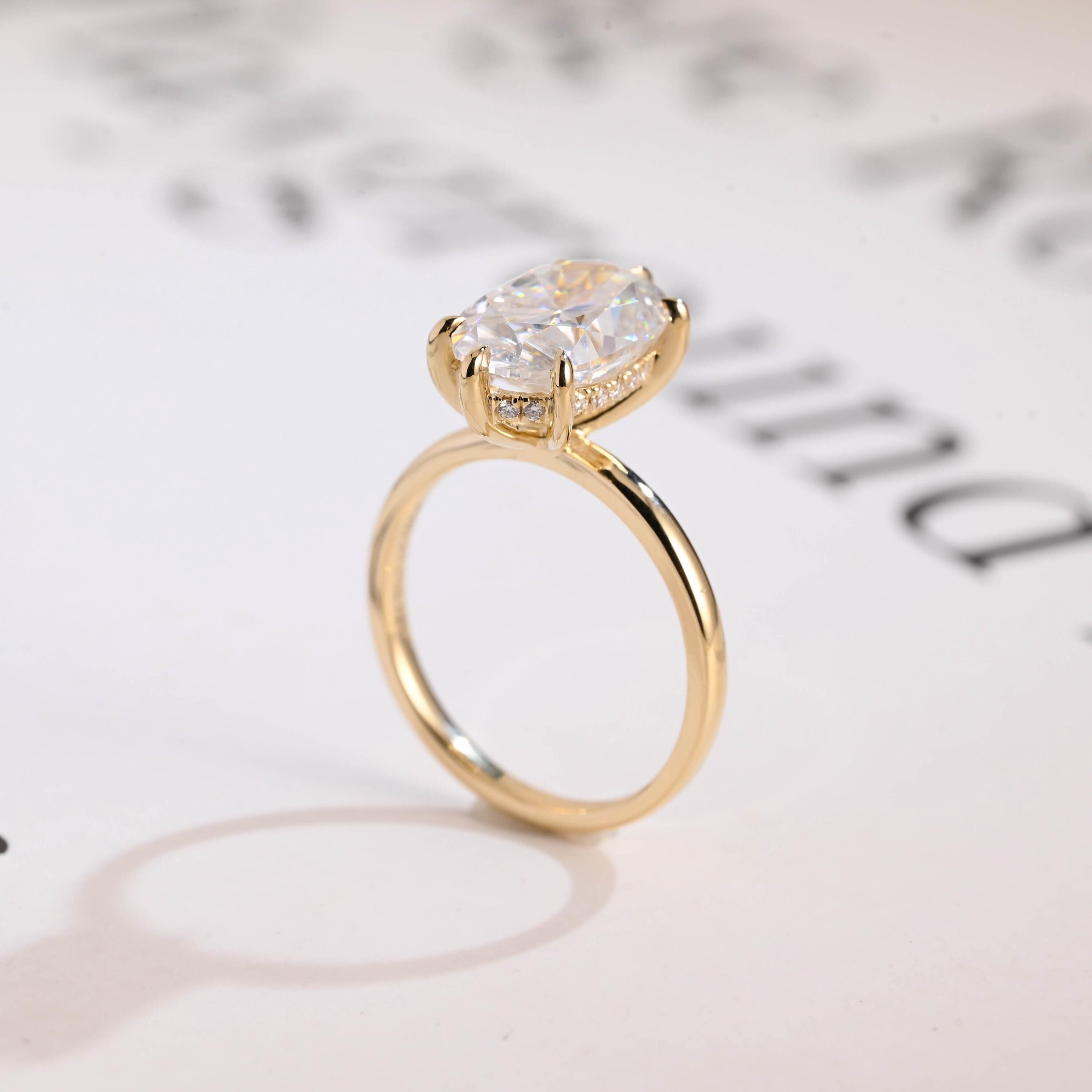 Solid Gold Oval Cut Moissanite Engagement Ring with Hidden Halo, Anniversary Gift for Her