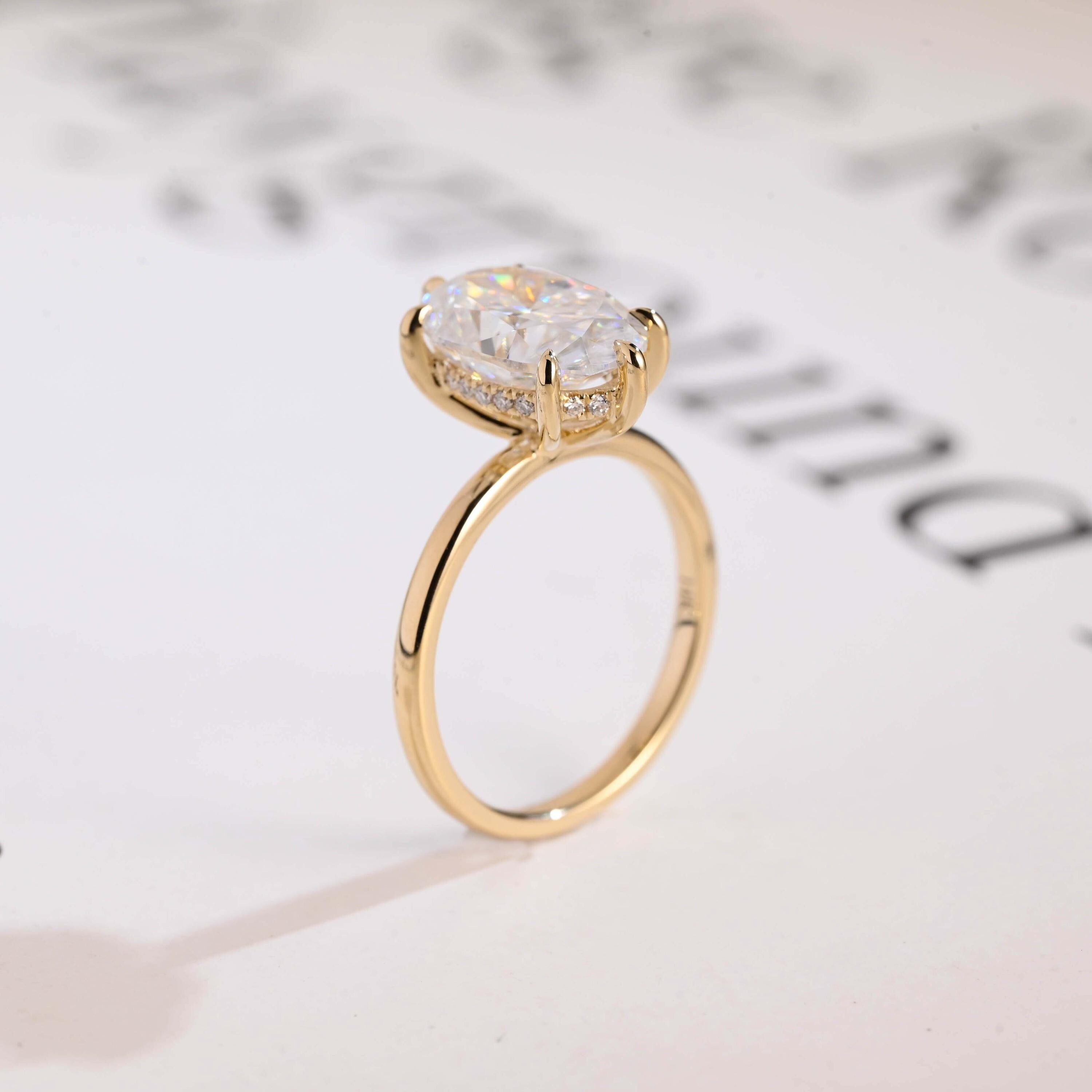 Solid Gold Oval Cut Moissanite Engagement Ring with Hidden Halo, Anniversary Gift for Her