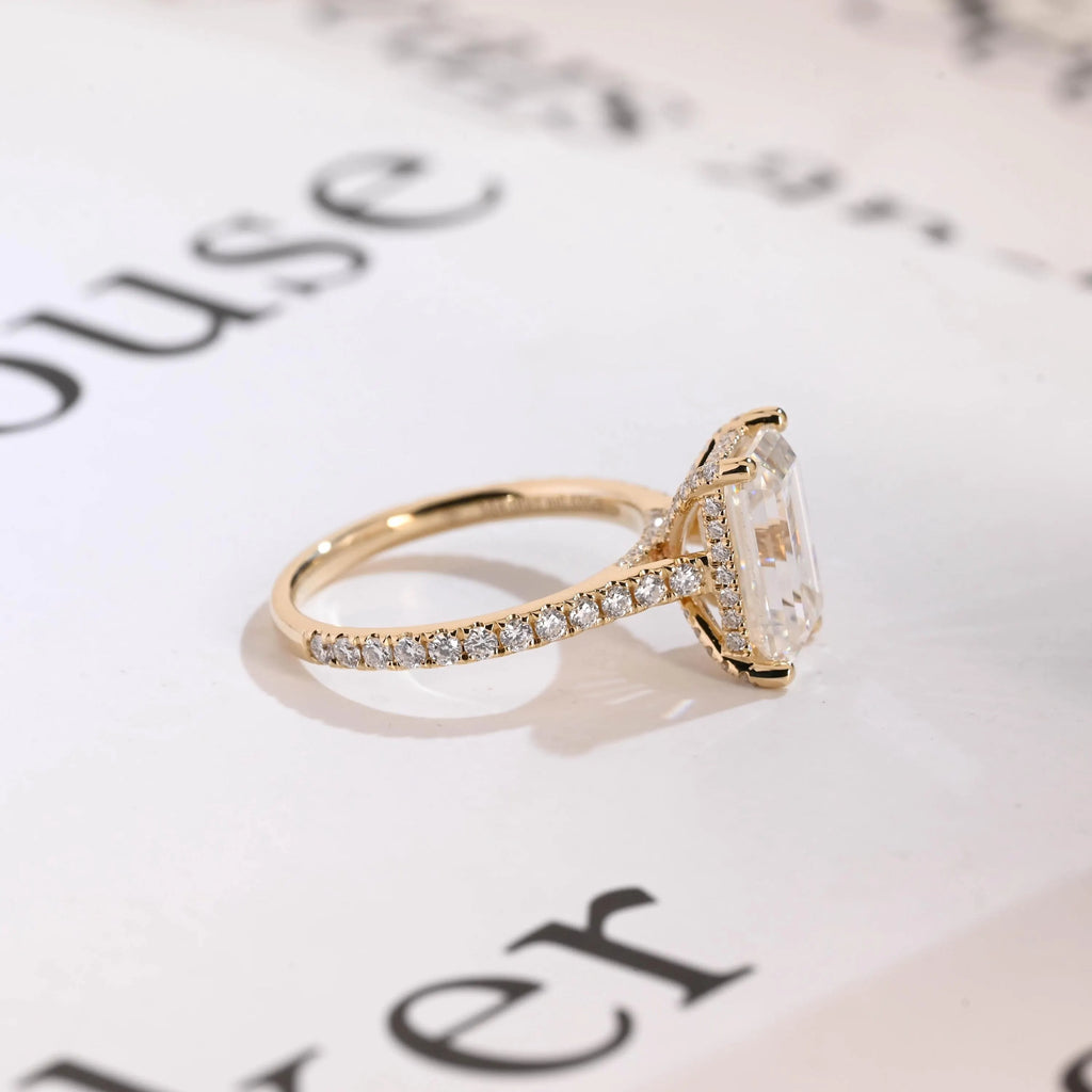 Solid Gold Emerald Cut Moissanite Engagement Ring, Anniversary Gift