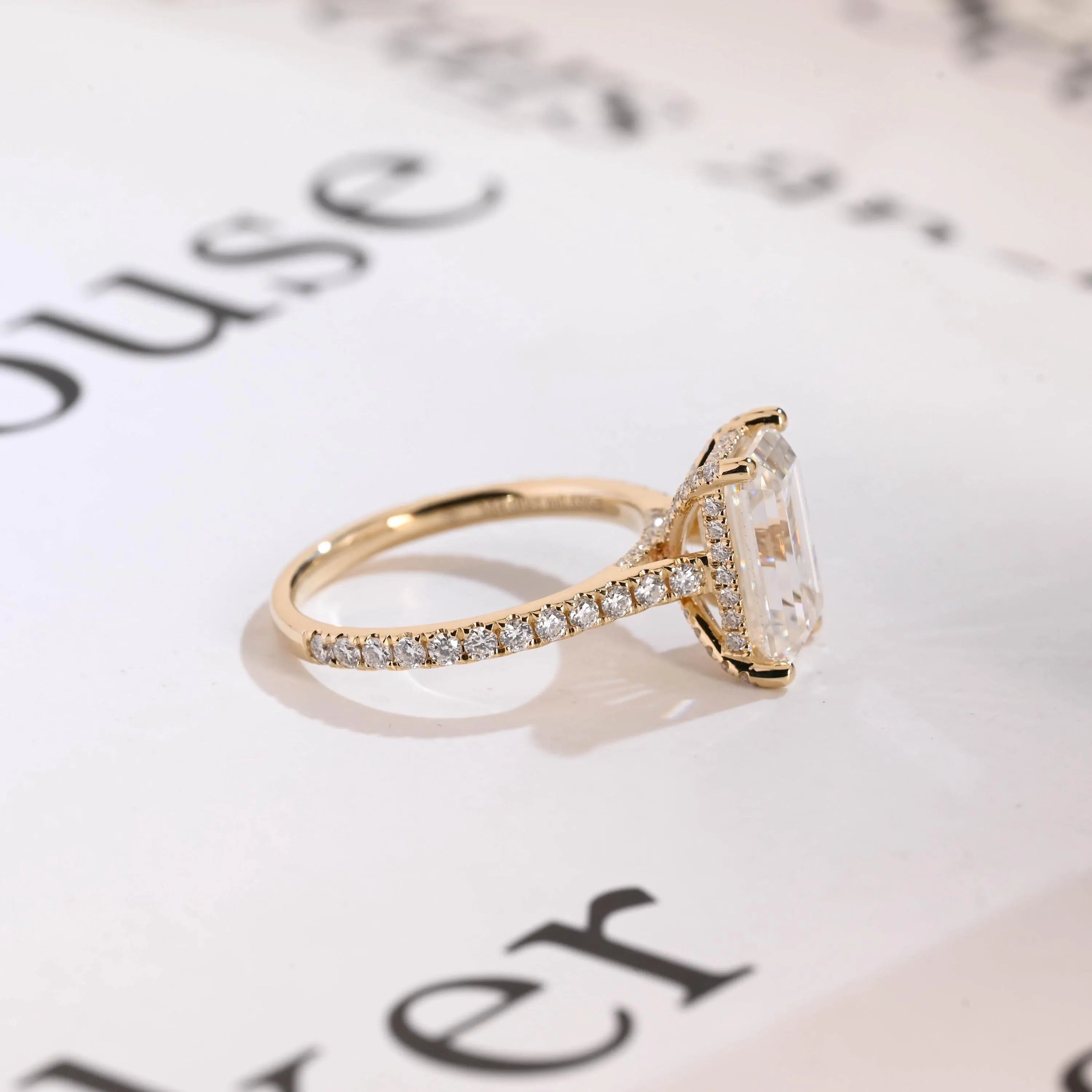 Solid Gold Emerald Cut Moissanite Engagement Ring, Anniversary Gift