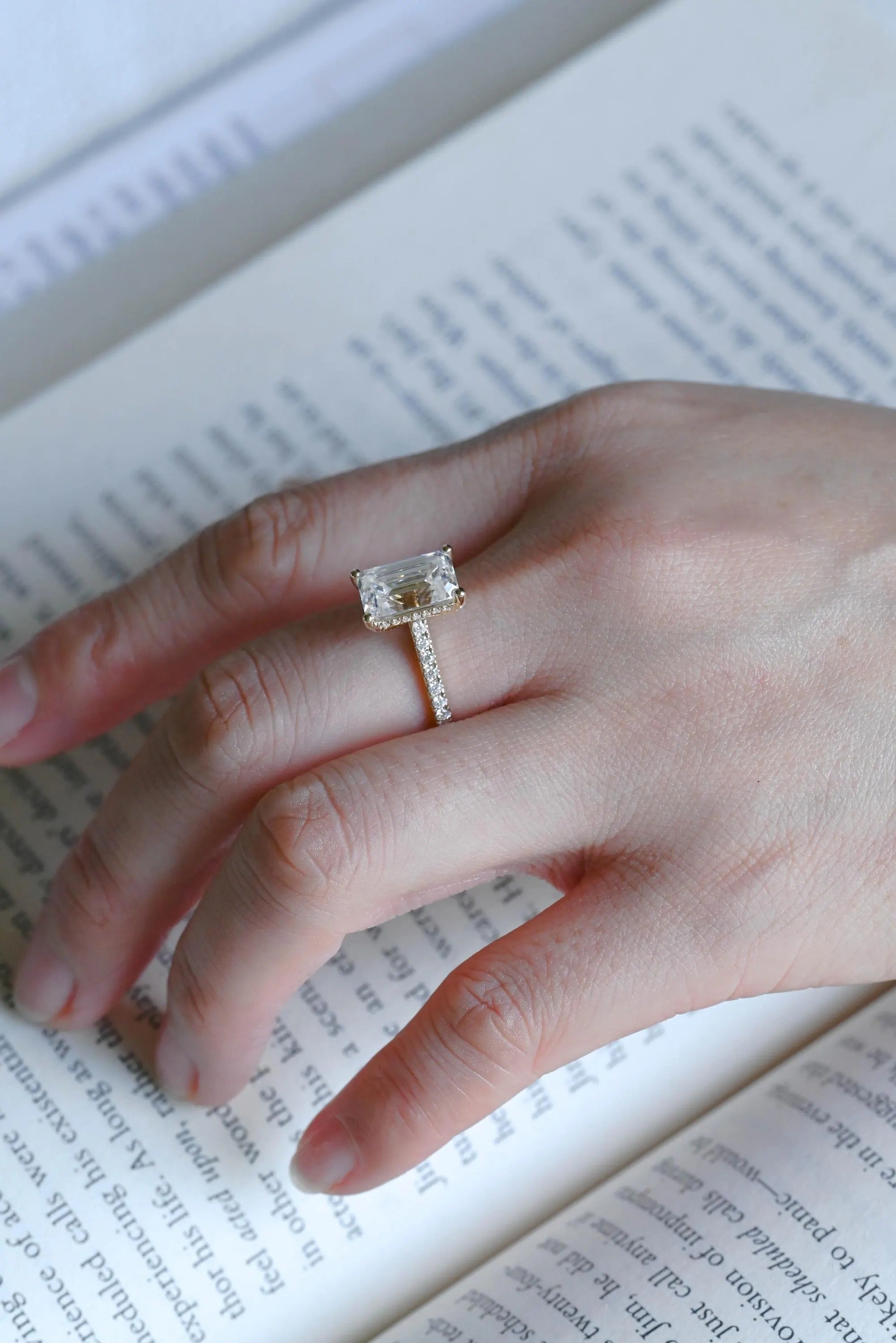 Solid Gold Emerald Cut Moissanite Engagement Ring, Anniversary Gift