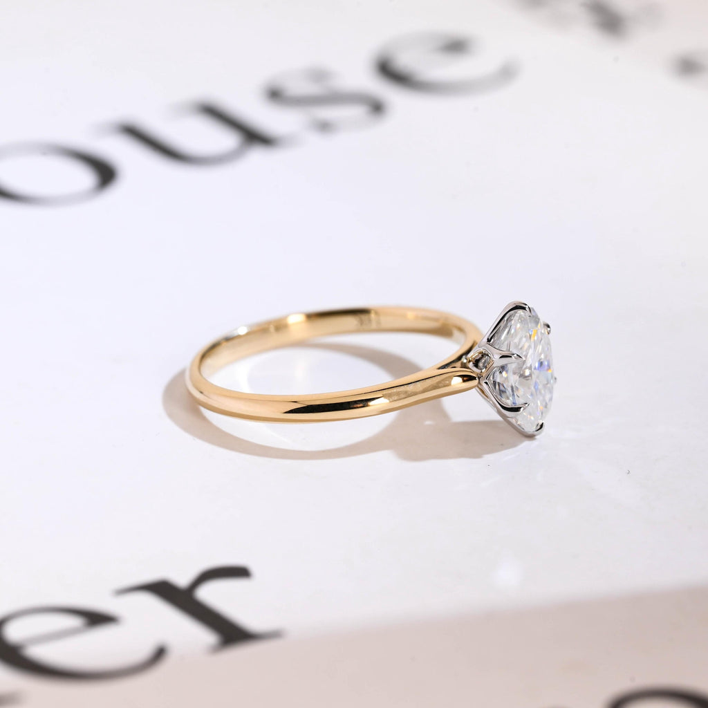Solid Gold Two Tone Tulip Flower Oval Moissanite Engagement Ring, Dainty Ring