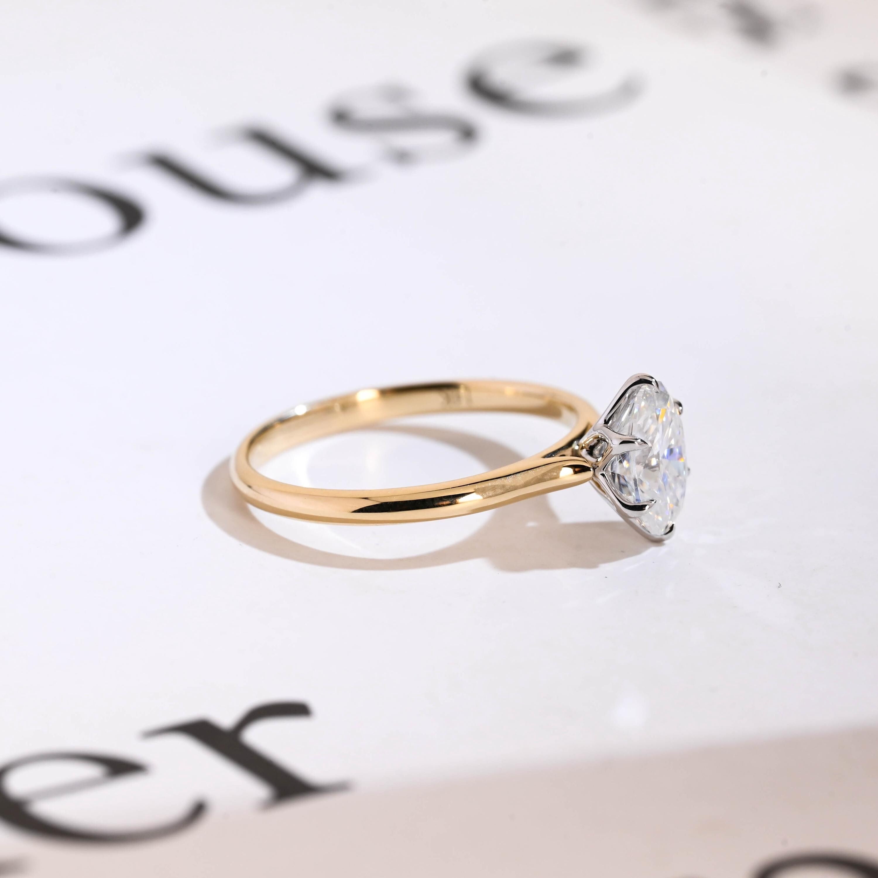 Solid Gold Two Tone Tulip Flower Oval Moissanite Engagement Ring, Dainty Ring