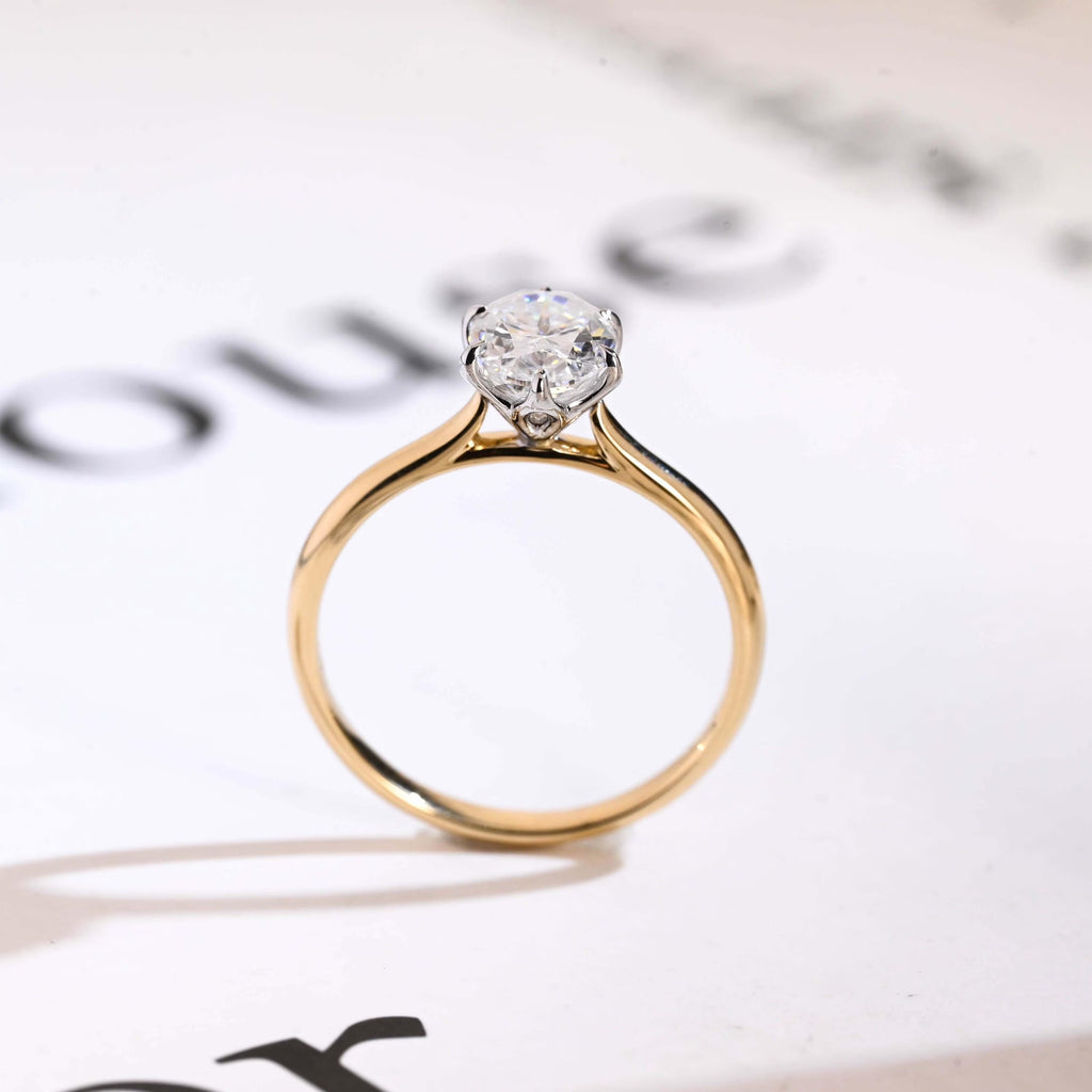 Solid Gold Two Tone Tulip Flower Oval Moissanite Engagement Ring, Dainty Ring