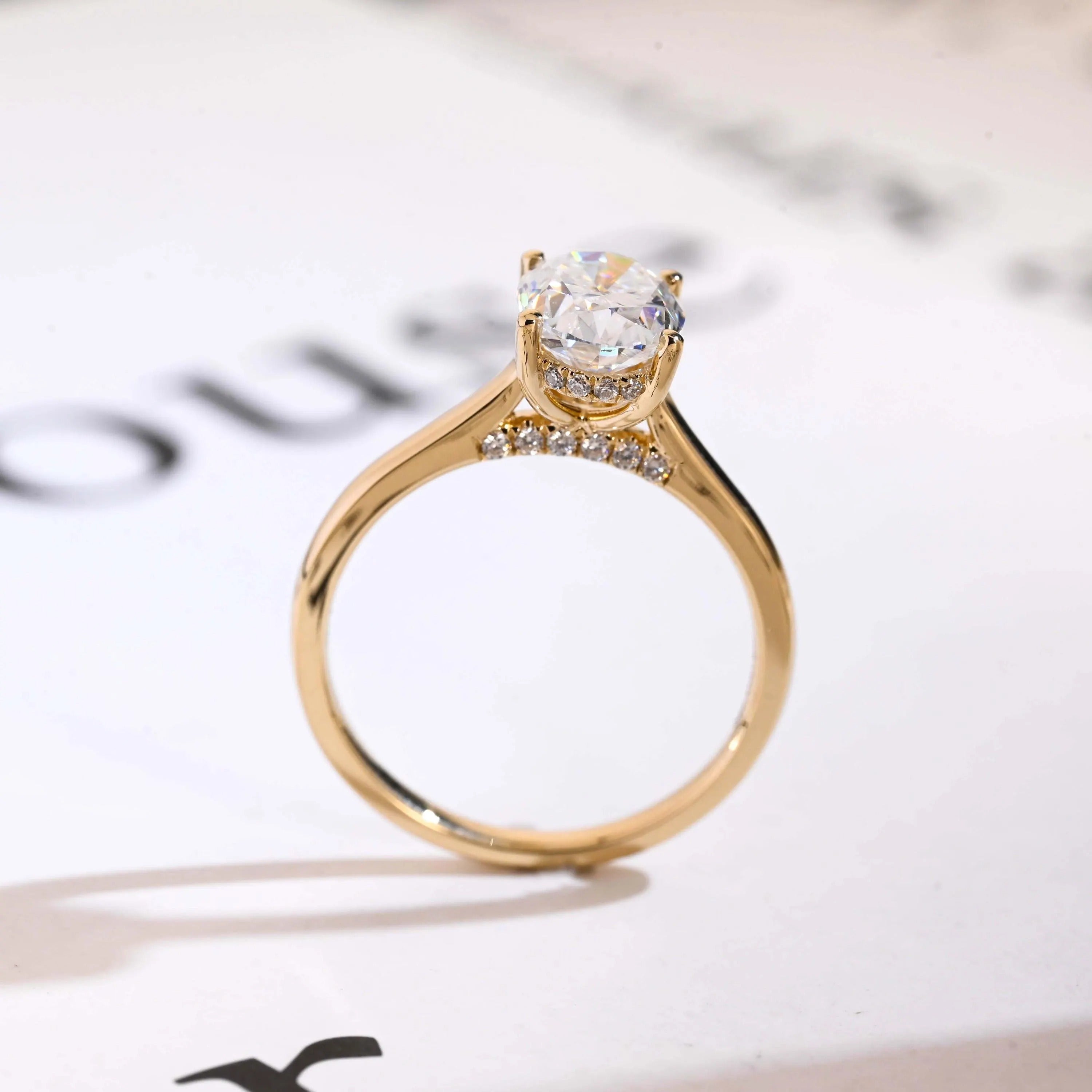 Solid Gold Oval Cut Moissanite Engagement Ring, Cathedral Setting