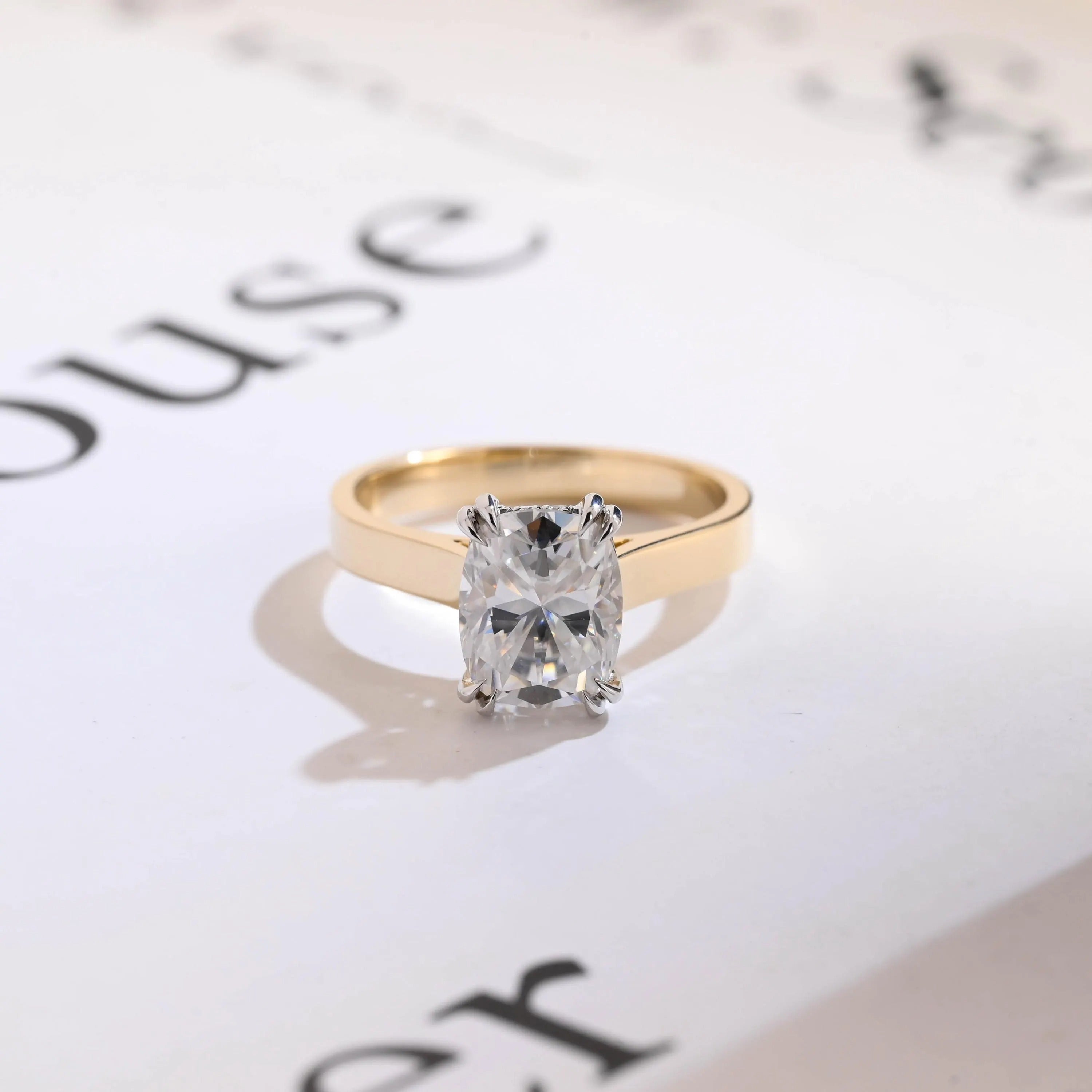 Solid Gold 3mm Band Elongated Cushion Cut Moissanite Engagement Ring, Anniversary Gift for Her Main image