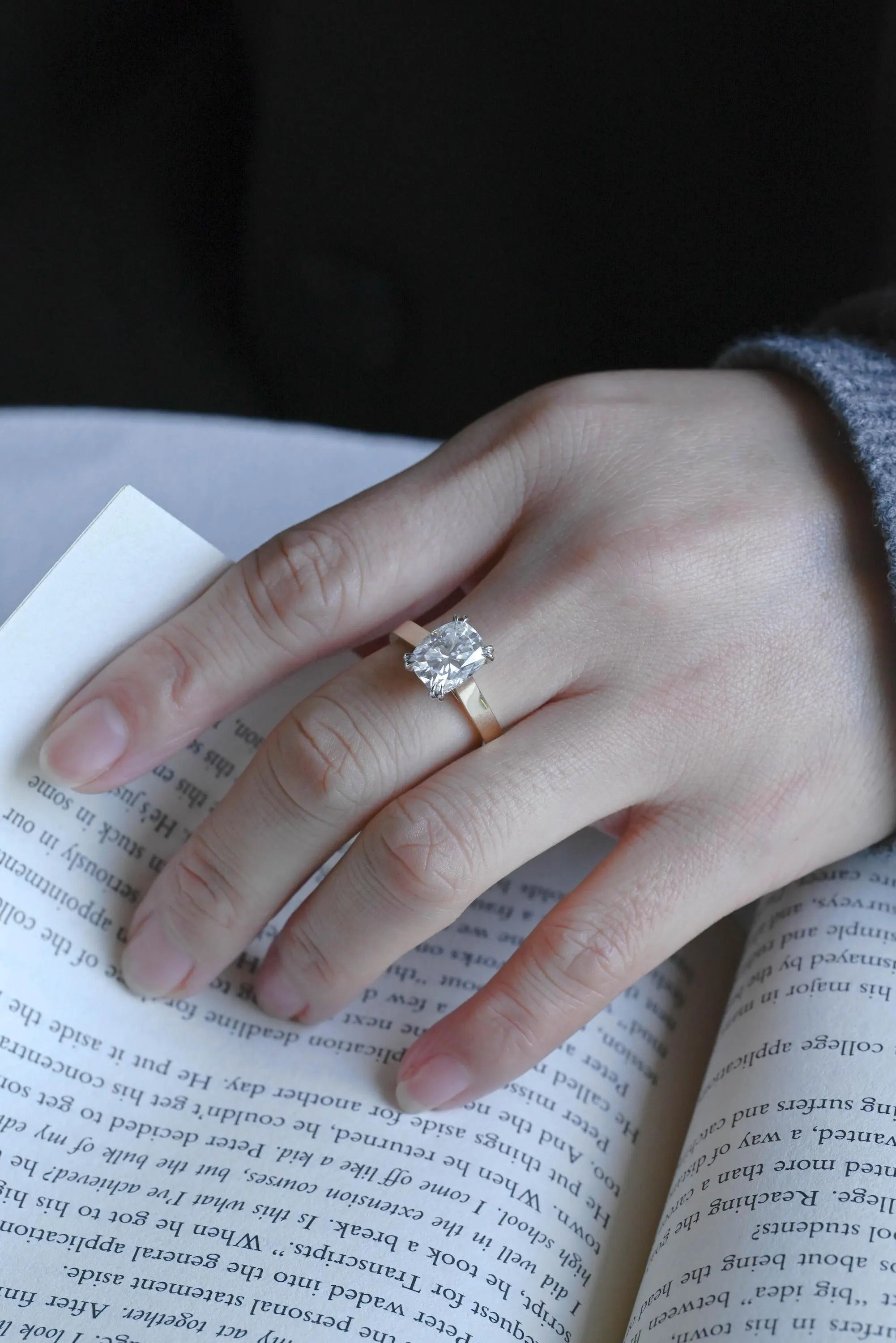 Solid Gold 3mm Band Elongated Cushion Cut Moissanite Engagement Ring, Anniversary Gift for Her