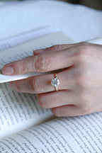 Solid Gold Round Cut Moissanite Engagement Ring, Star Engraved Ring, Anniversary Gift for Her