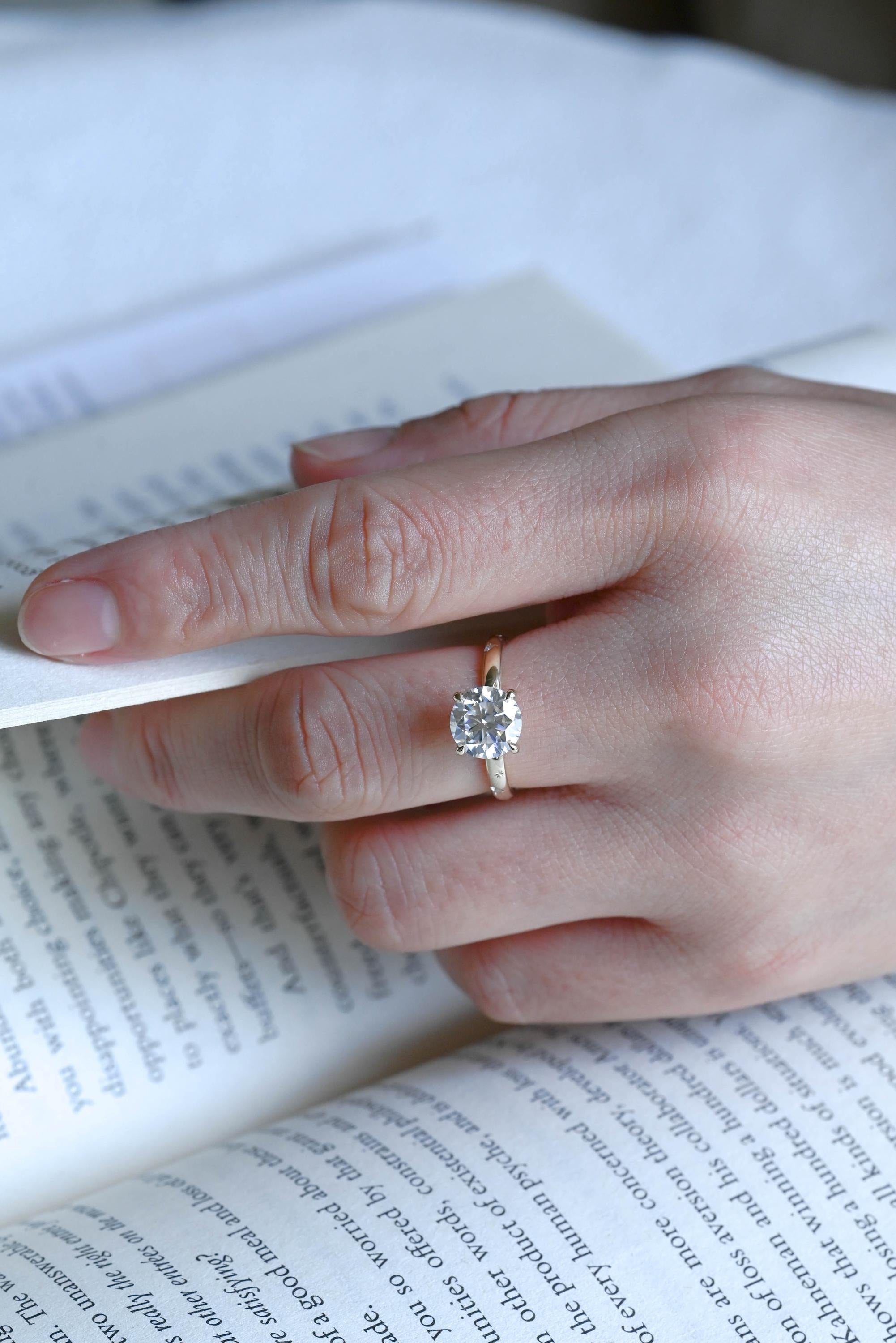 Solid Gold Round Cut Moissanite Engagement Ring, Star Engraved Ring, Anniversary Gift for Her