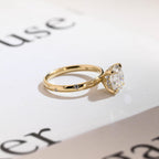 Solid Gold Round Cut Moissanite Engagement Ring, Star Engraved Ring, Anniversary Gift for Her