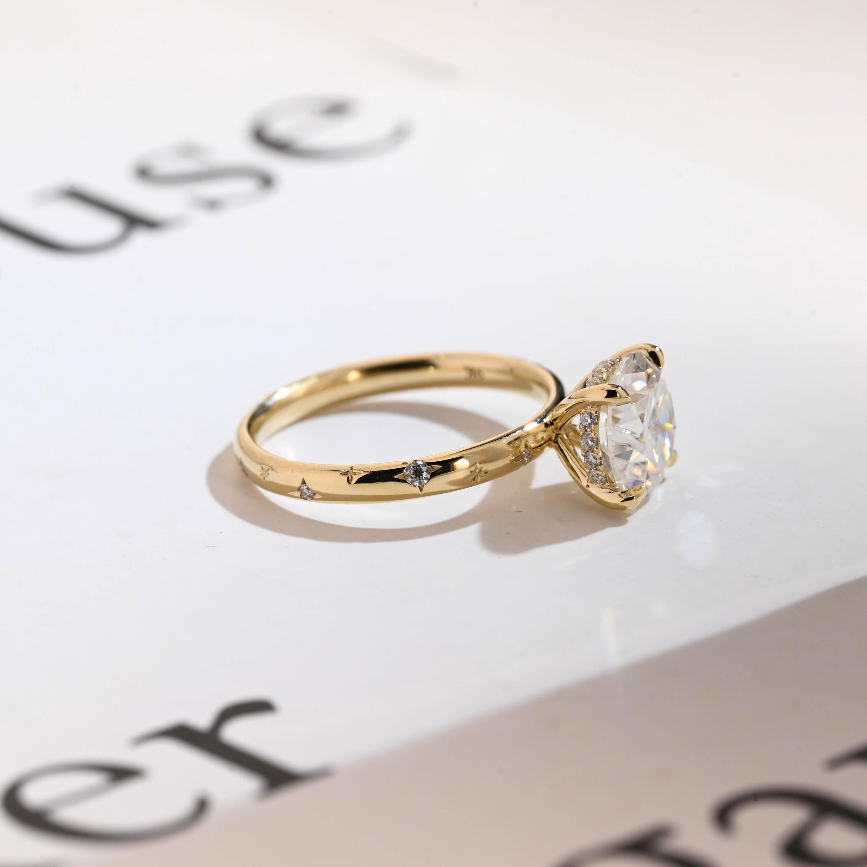 Solid Gold Round Cut Moissanite Engagement Ring, Star Engraved Ring, Anniversary Gift for Her