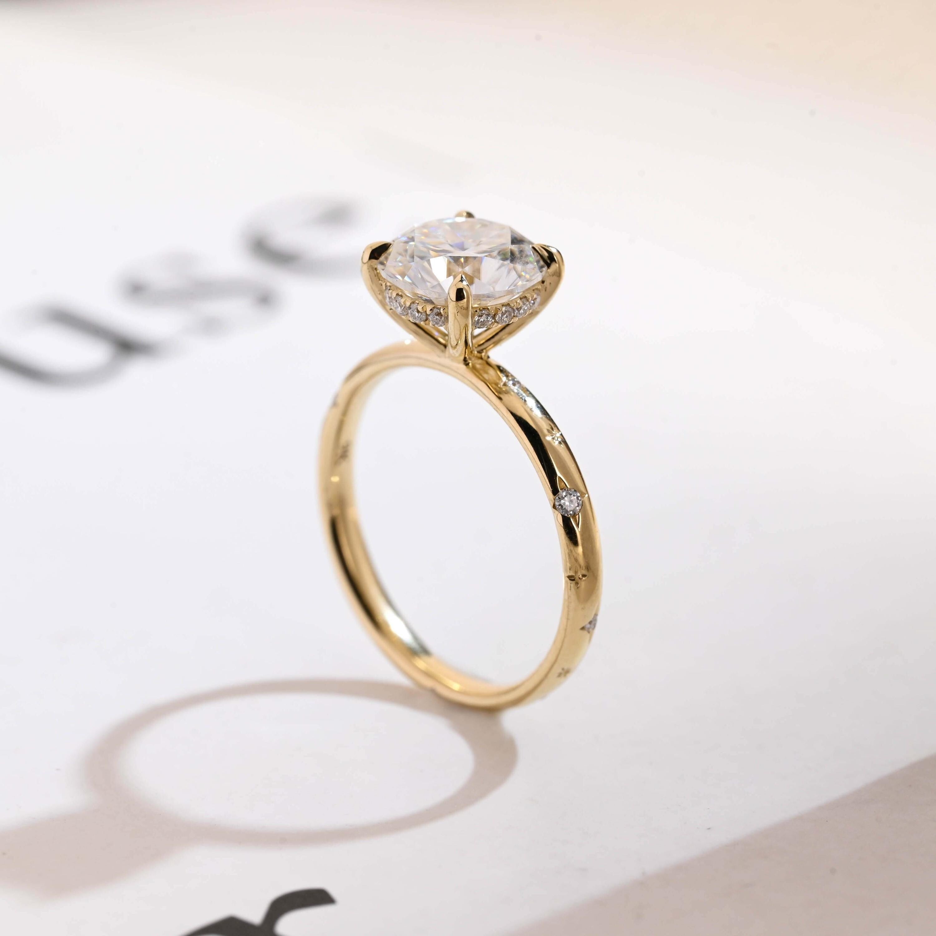 Solid Gold Round Cut Moissanite Engagement Ring, Star Engraved Ring, Anniversary Gift for Her