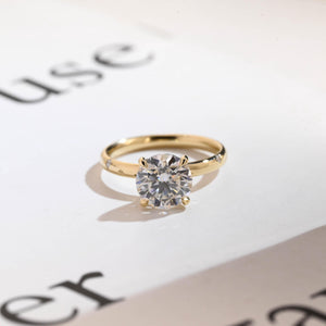 Solid Gold Round Cut Moissanite Engagement Ring, Star Engraved Ring, Anniversary Gift for Her