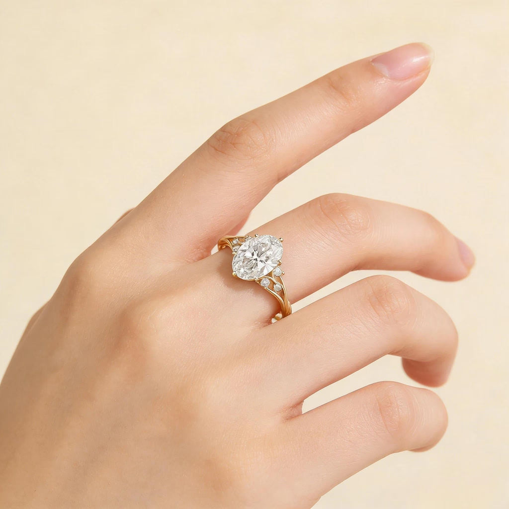 Oval Moissanite Engagement Ring, Twisted Split Shank Ring, Gold Engagement Ring, Unique Wedding Promise Ring