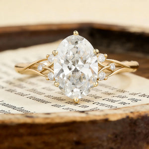 Oval Moissanite Engagement Ring, Twisted Split Shank Ring, Gold Engagement Ring, Unique Wedding Promise Ring