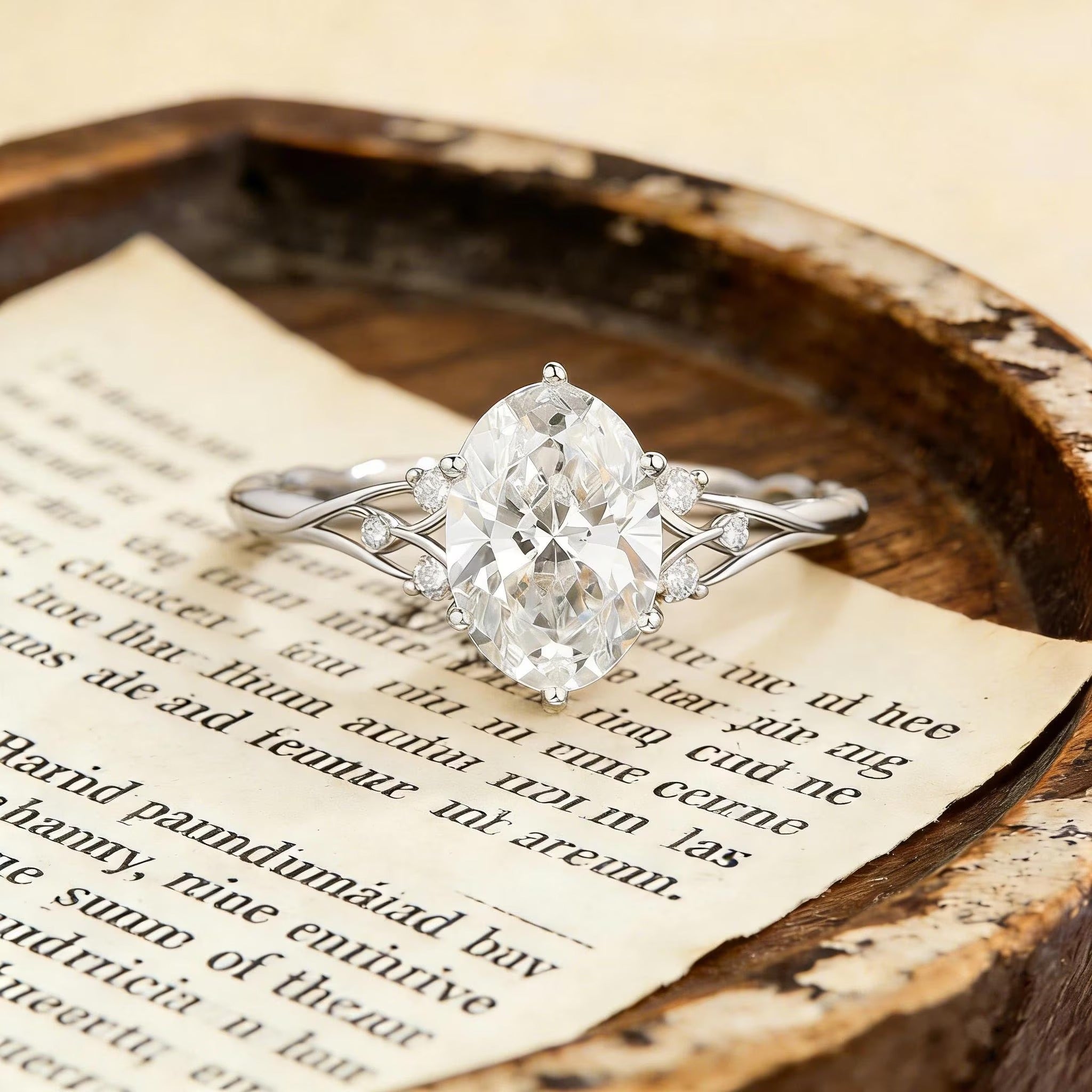Oval Moissanite Engagement Ring, Twisted Split Shank Ring, Gold Engagement Ring, Unique Wedding Promise Ring