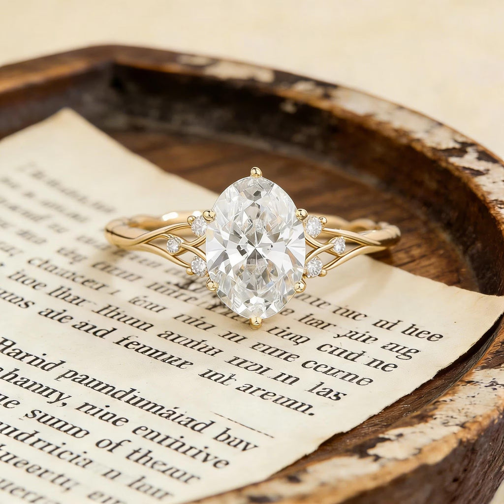 Oval Moissanite Engagement Ring, Twisted Split Shank Ring, Gold Engagement Ring, Unique Wedding Promise Ring