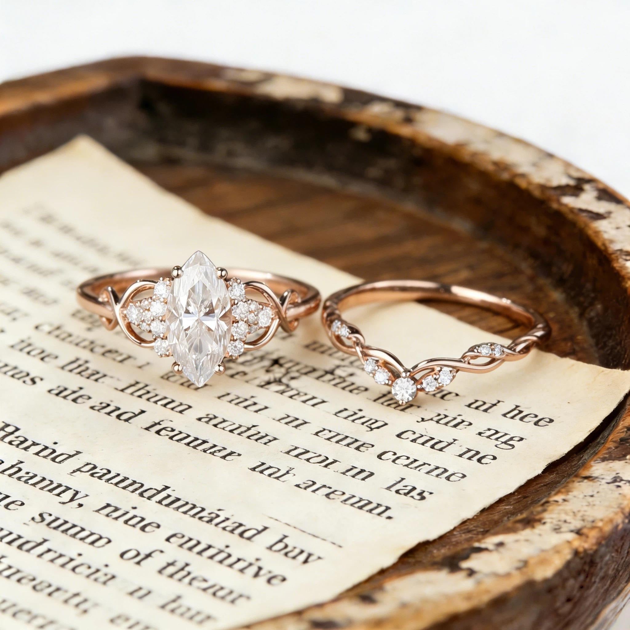 Marquise Cut Moissanite Engagement Ring Set, Rose Gold Infinity Bridal Set, Cluster Wedding Ring, Curved Stacking Band, Unique Promise Ring