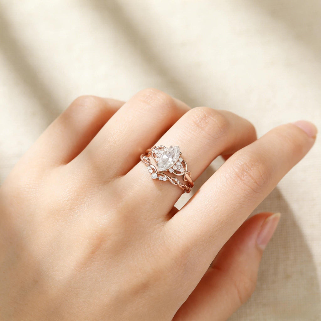 Marquise Cut Moissanite Engagement Ring Set, Rose Gold Infinity Bridal Set, Cluster Wedding Ring, Curved Stacking Band, Unique Promise Ring