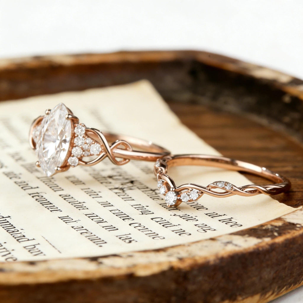 Marquise Cut Moissanite Engagement Ring Set, Rose Gold Infinity Bridal Set, Cluster Wedding Ring, Curved Stacking Band, Unique Promise Ring
