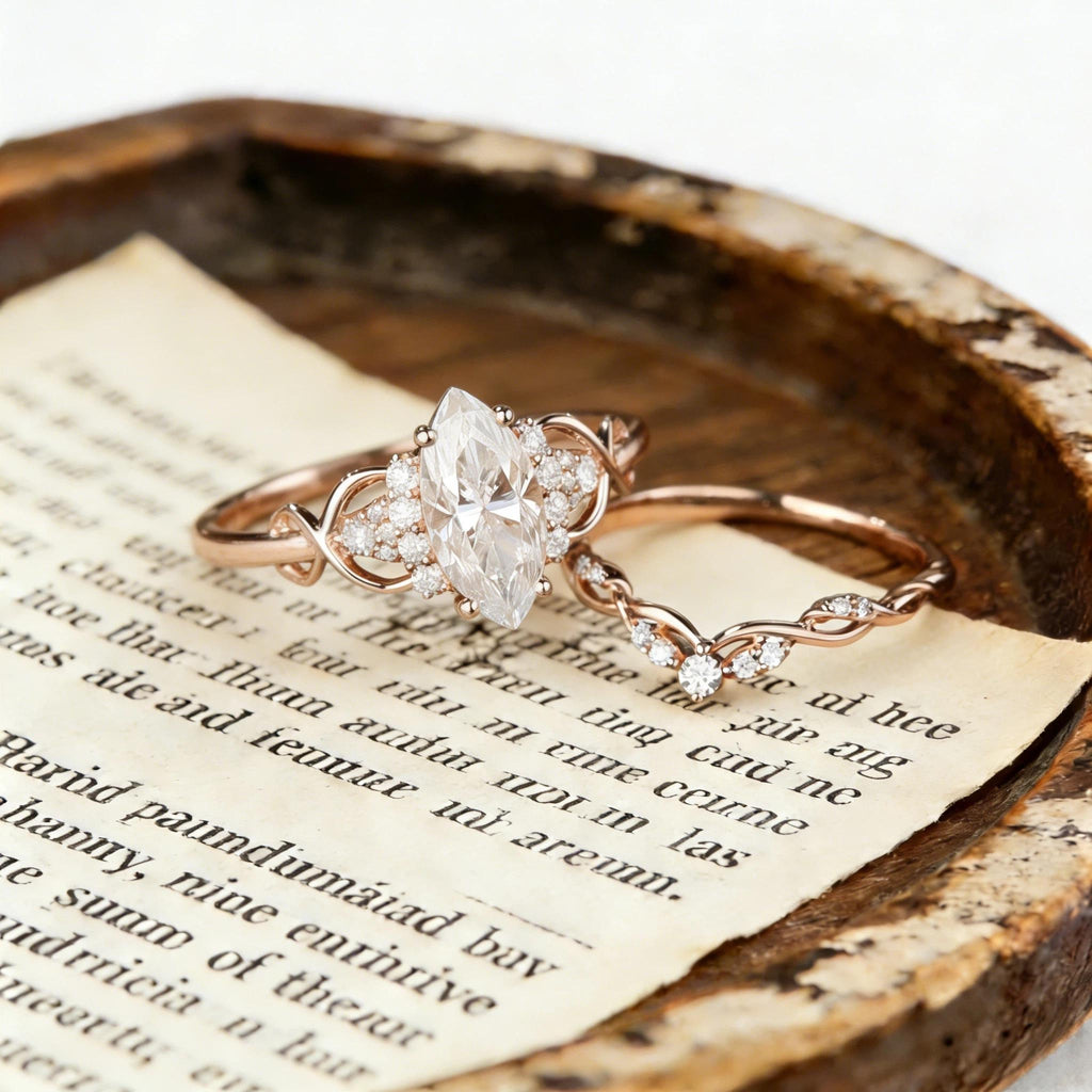Marquise Cut Moissanite Engagement Ring Set, Rose Gold Infinity Bridal Set, Cluster Wedding Ring, Curved Stacking Band, Unique Promise Ring
