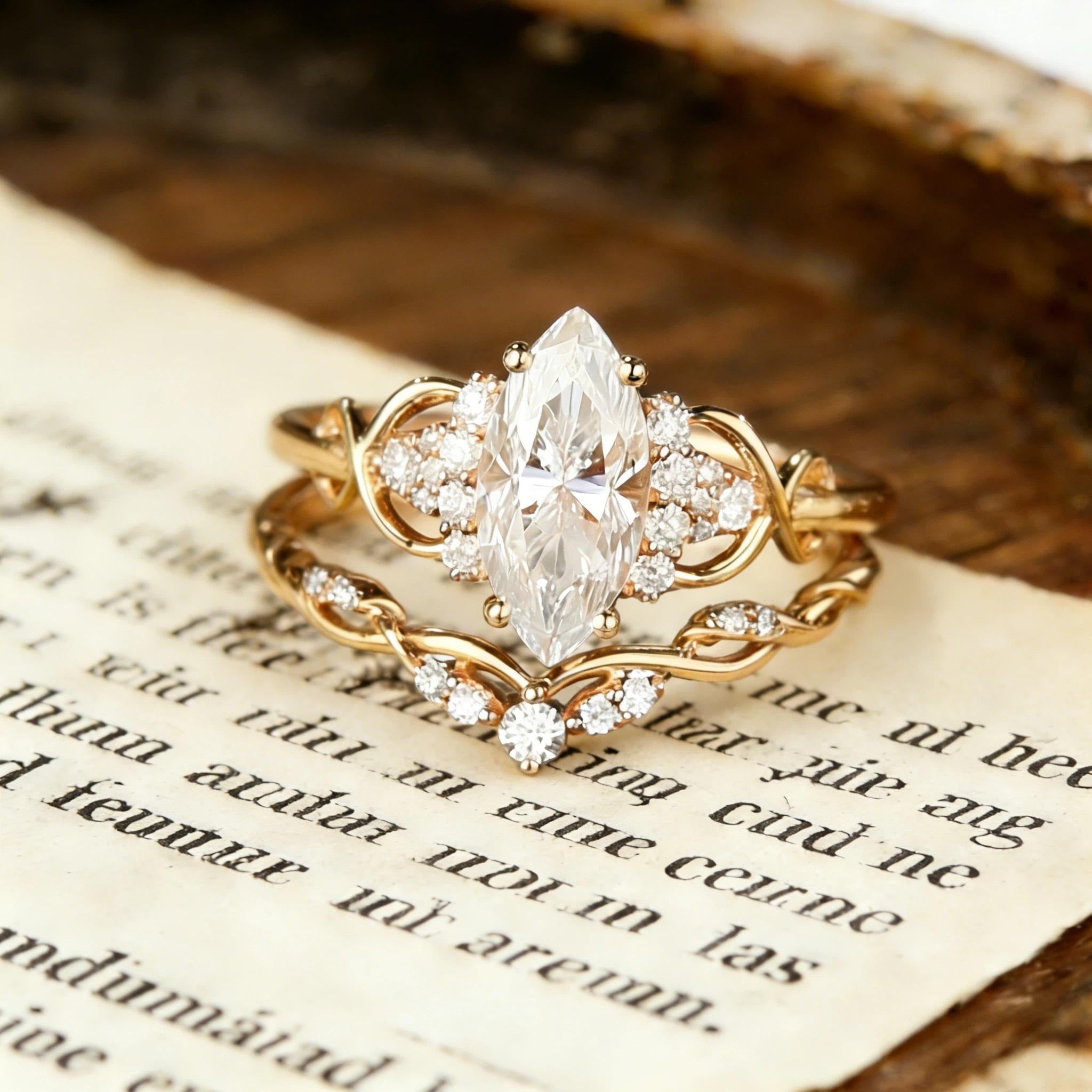 Marquise Cut Moissanite Engagement Ring Set, Rose Gold Infinity Bridal Set, Cluster Wedding Ring, Curved Stacking Band, Unique Promise Ring Main image
