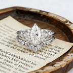 Marquise Moissanite Engagement Ring Set, Unique Leaf Wedding Band, Rose Gold Bridal Set, Cluster Diamond Infinity Ring, Curved Stacking Band
