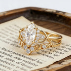 Marquise Moissanite Engagement Ring Set, Unique Leaf Wedding Band, Rose Gold Bridal Set, Cluster Diamond Infinity Ring, Curved Stacking Band