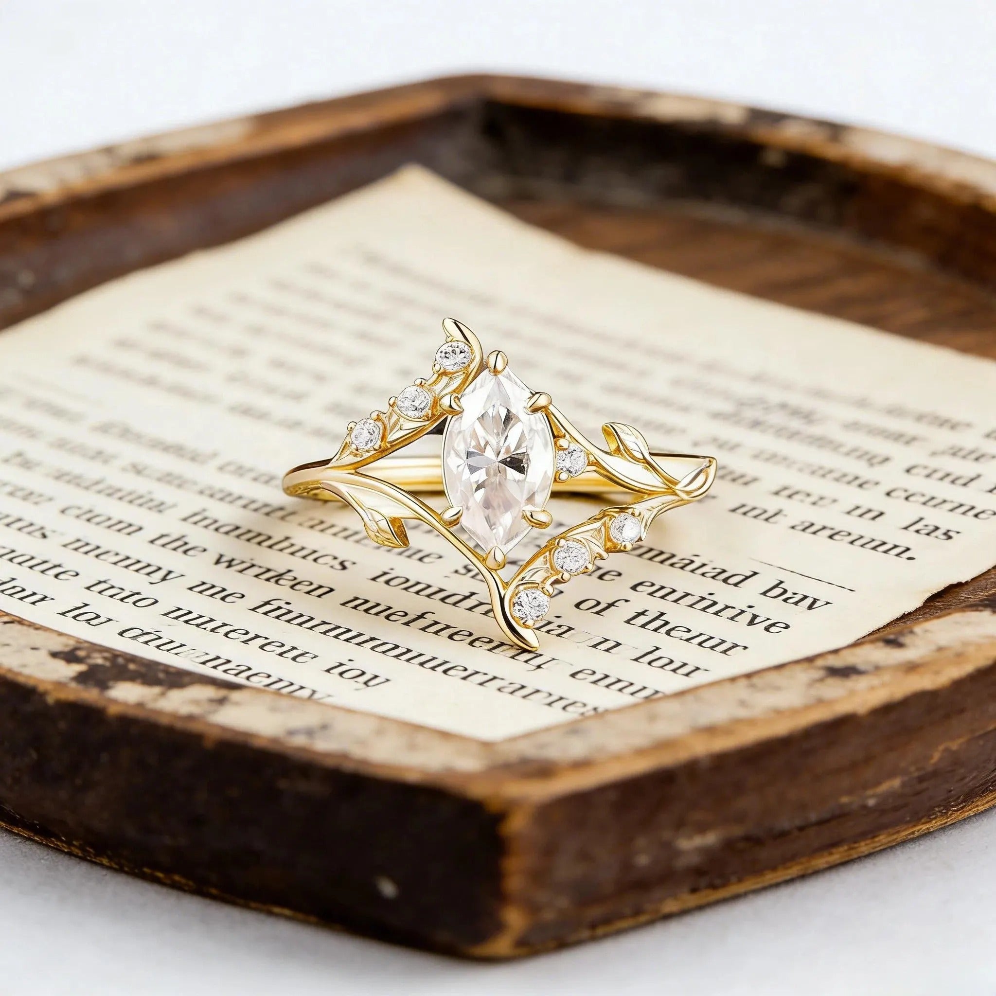Marquise Moissanite Engagement Ring, Nature Inspired Leaf Vine Ring, Unique Vintage Wedding Ring, Gold Elven Engagement Ring, Promise Ring Main image