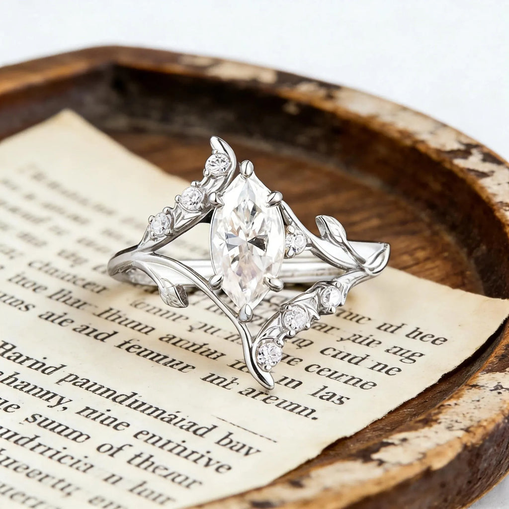 Marquise Moissanite Engagement Ring, Nature Inspired Leaf Vine Ring, Unique Vintage Wedding Ring, Gold Elven Engagement Ring, Promise Ring