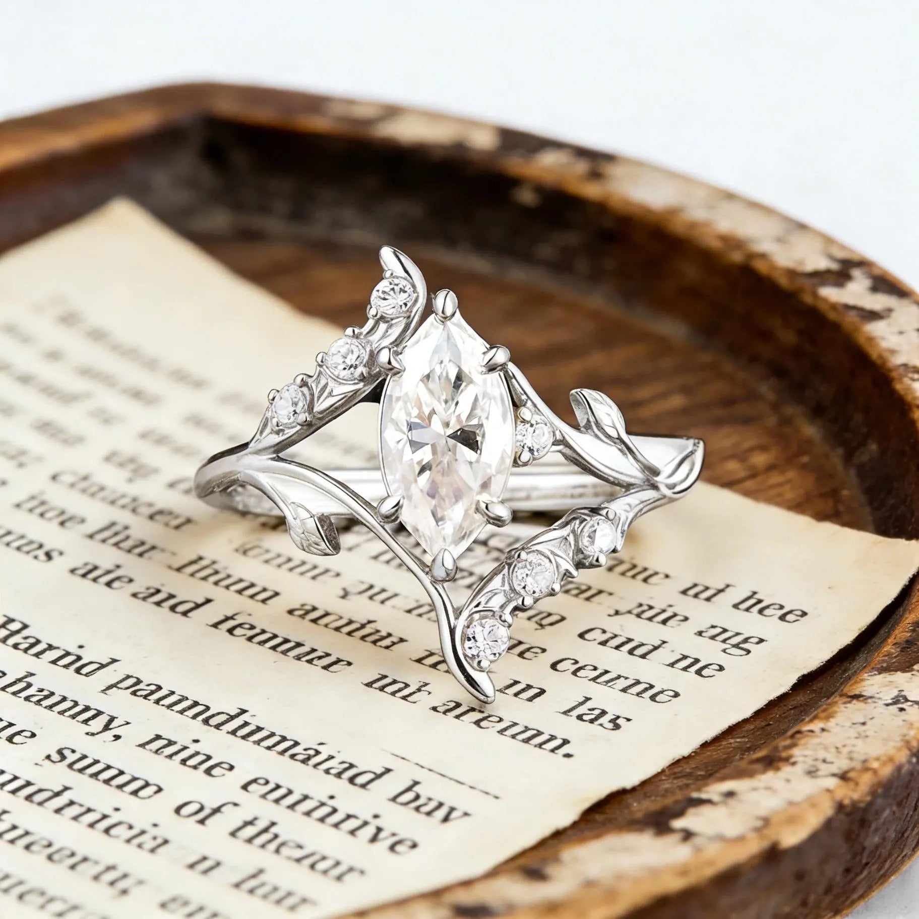 Marquise Moissanite Engagement Ring, Nature Inspired Leaf Vine Ring, Unique Vintage Wedding Ring, Gold Elven Engagement Ring, Promise Ring