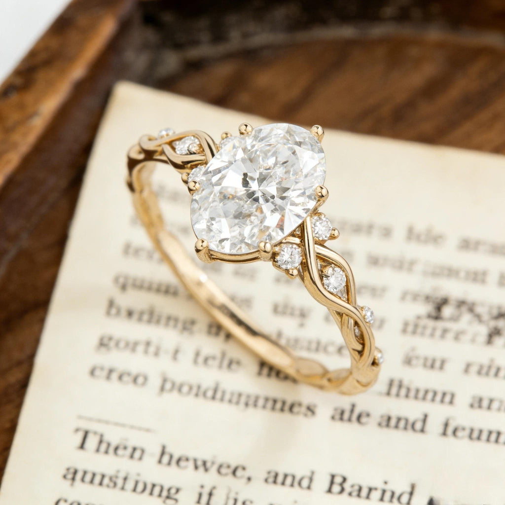 Oval Moissanite Engagement Ring, Twisted Wave Gold Ring, Unique Oval Wedding Ring, Infinity Style Engagement Ring for Women