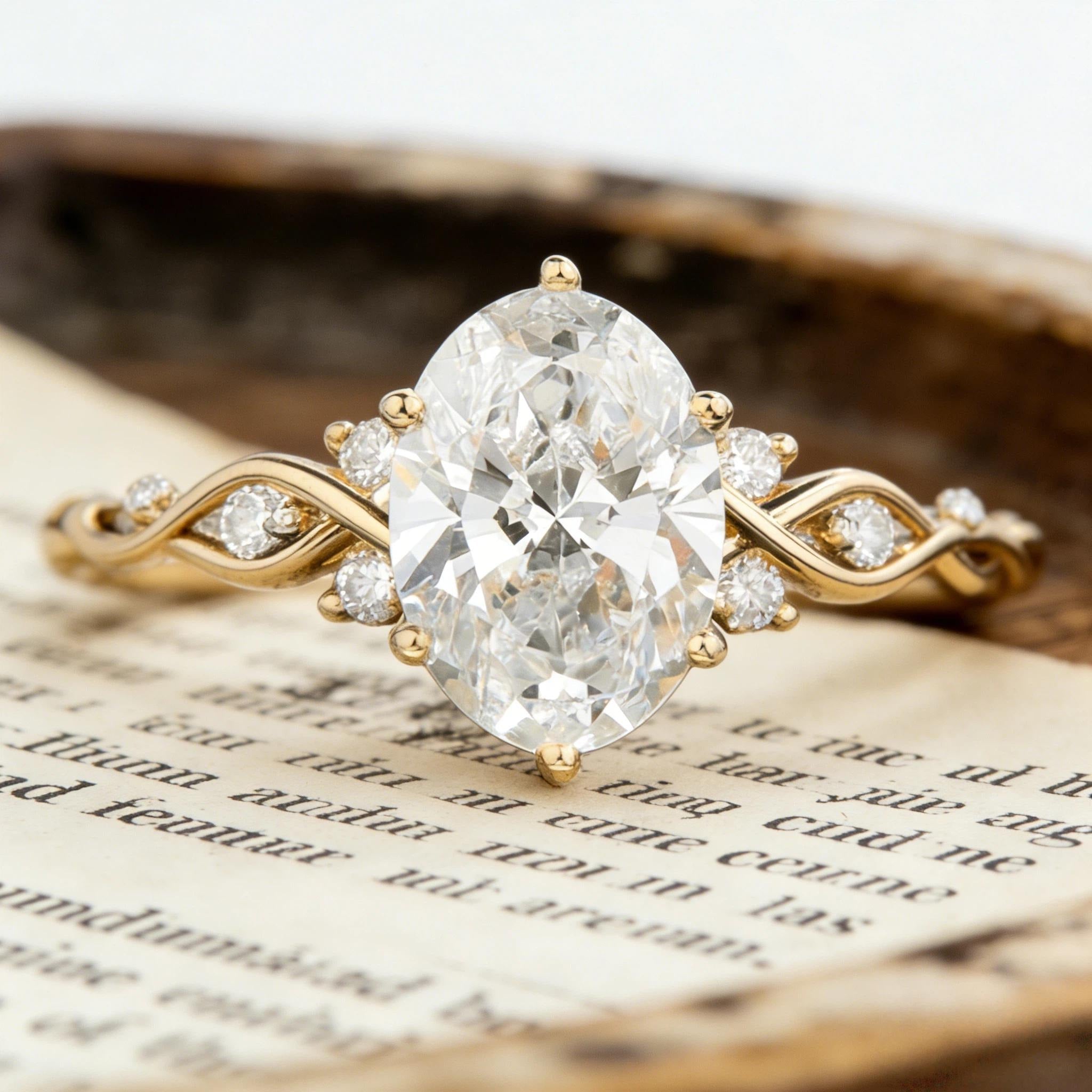 Oval Moissanite Engagement Ring, Twisted Wave Gold Ring, Unique Oval Wedding Ring, Infinity Style Engagement Ring for Women Main image