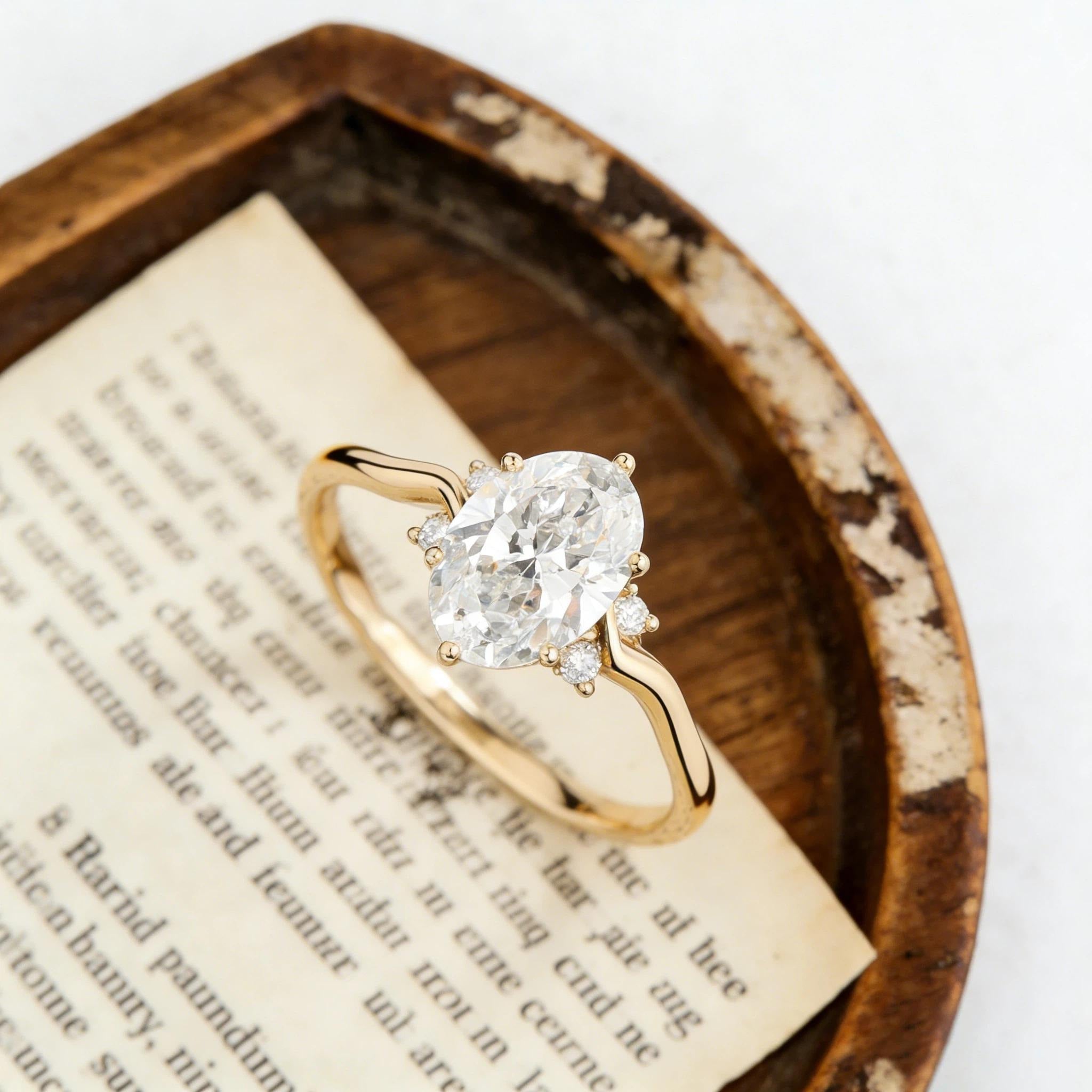 Oval Moissanite Engagement Ring, Curved Gold Engagement Ring, Unique Oval Wedding Ring, Minimalist Promise Ring for Women