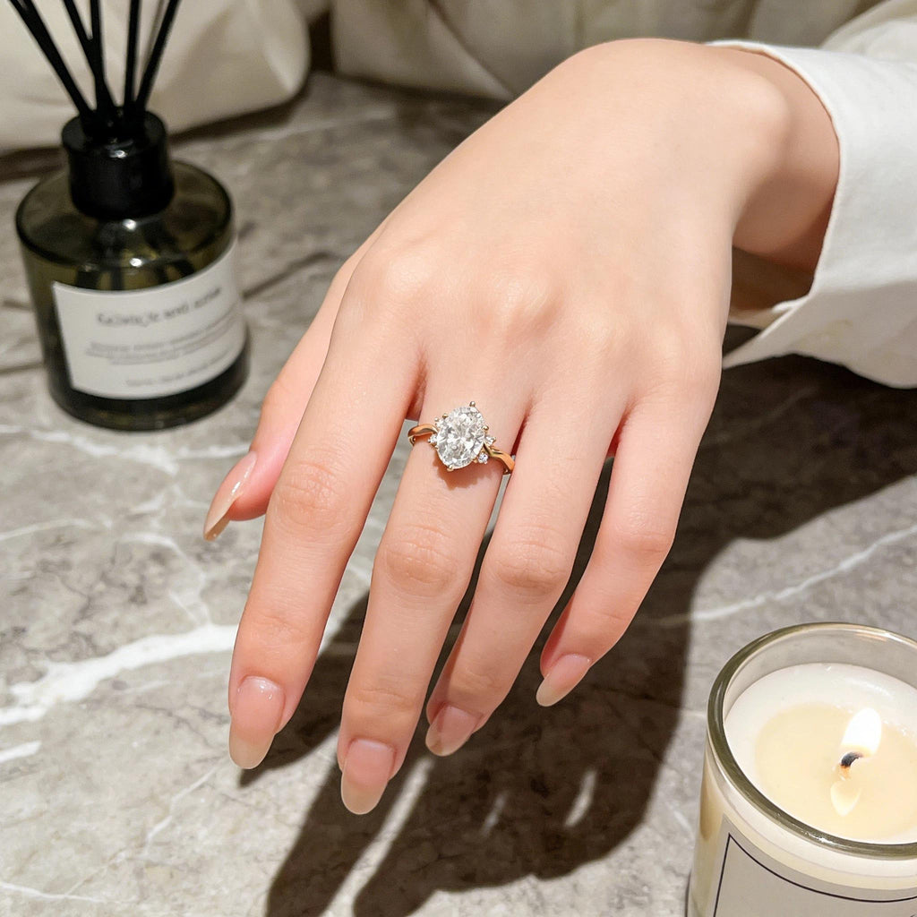 Oval Moissanite Engagement Ring, Curved Gold Engagement Ring, Unique Oval Wedding Ring, Minimalist Promise Ring for Women