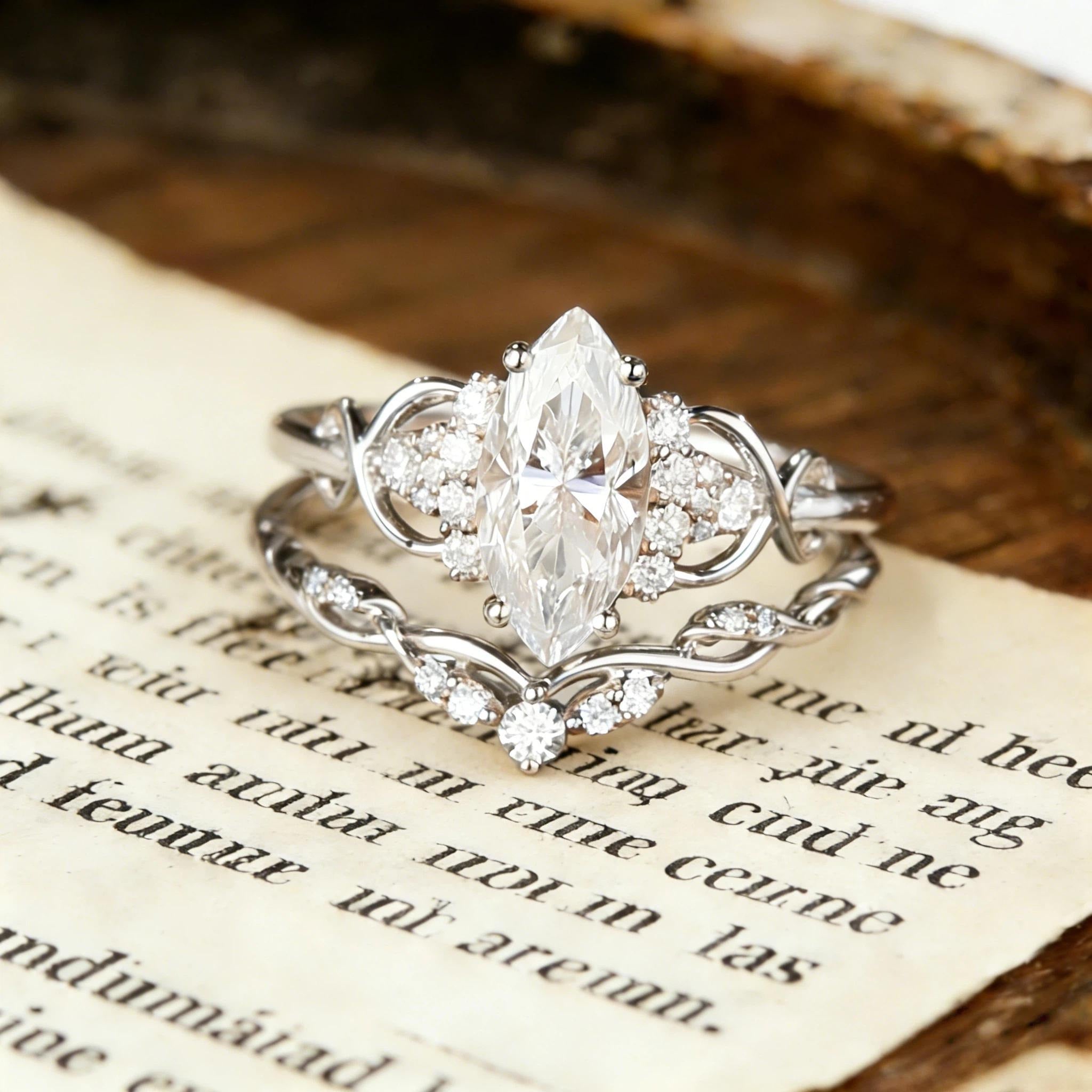 Marquise Cut Moissanite Engagement Ring Set, Rose Gold Infinity Bridal Set, Cluster Wedding Ring, Curved Stacking Band, Unique Promise Ring