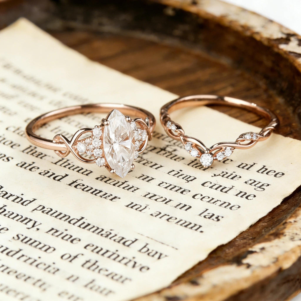 Marquise Cut Moissanite Engagement Ring Set, Rose Gold Infinity Bridal Set, Cluster Wedding Ring, Curved Stacking Band, Unique Promise Ring