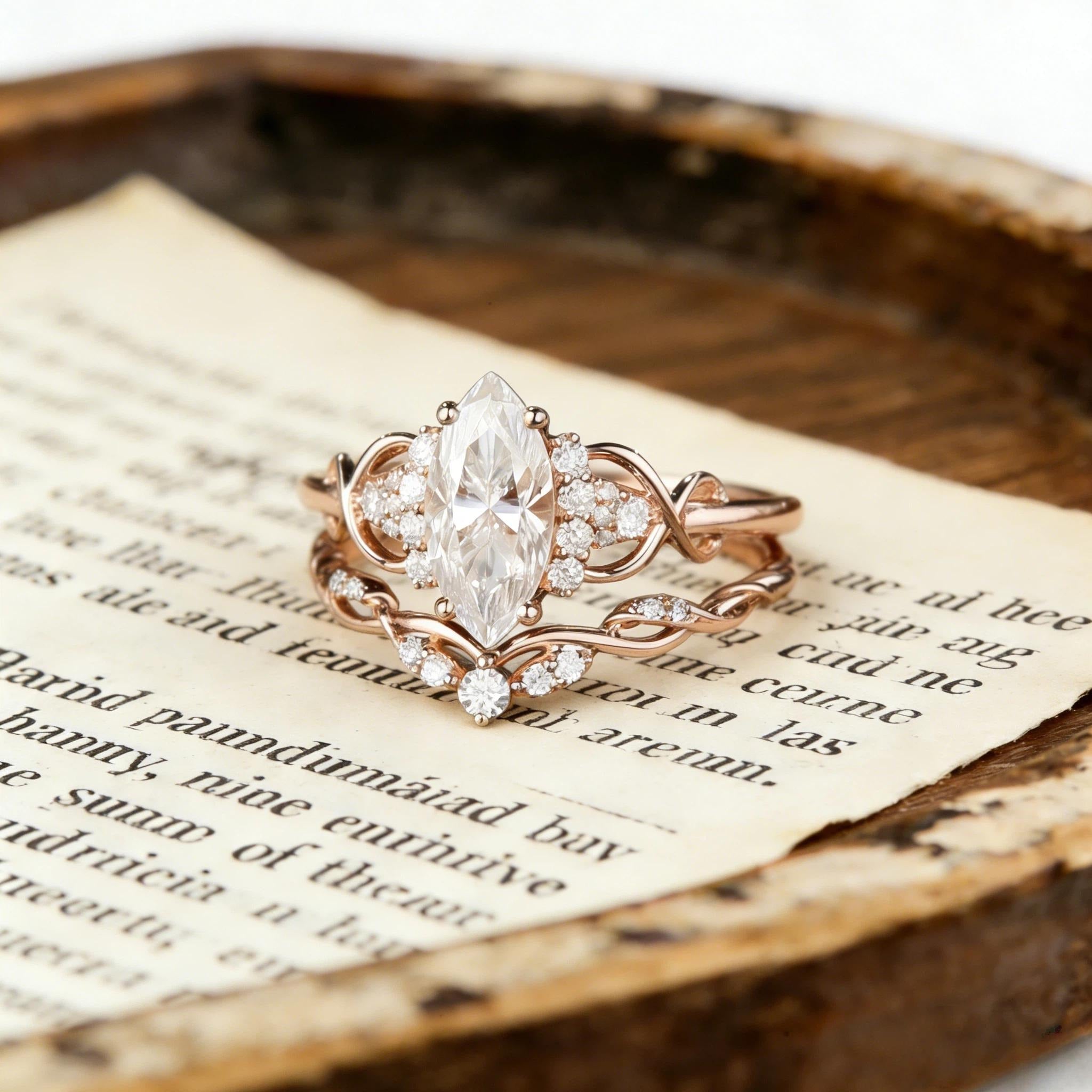 Marquise Cut Moissanite Engagement Ring Set, Rose Gold Infinity Bridal Set, Cluster Wedding Ring, Curved Stacking Band, Unique Promise Ring Secondary image
