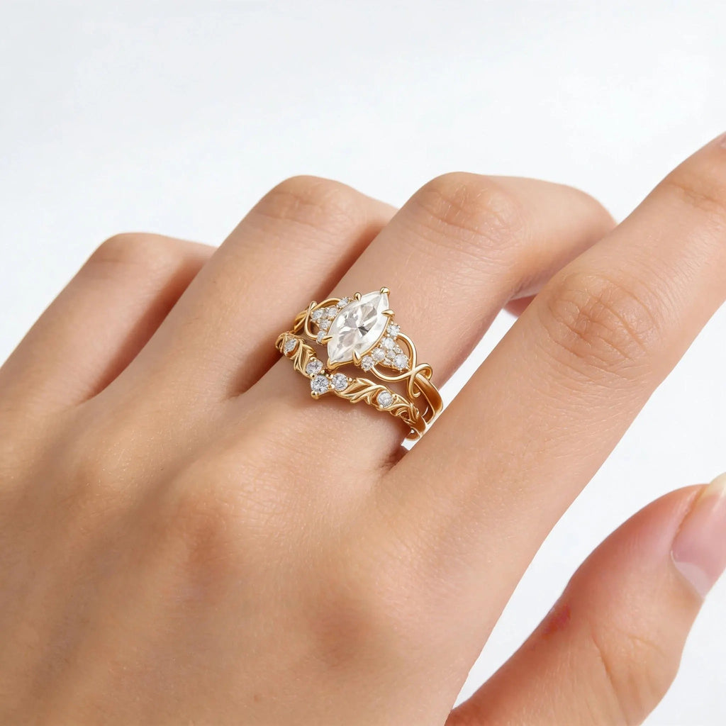 Marquise Moissanite Engagement Ring Set, Unique Leaf Wedding Band, Rose Gold Bridal Set, Cluster Diamond Infinity Ring, Curved Stacking Band