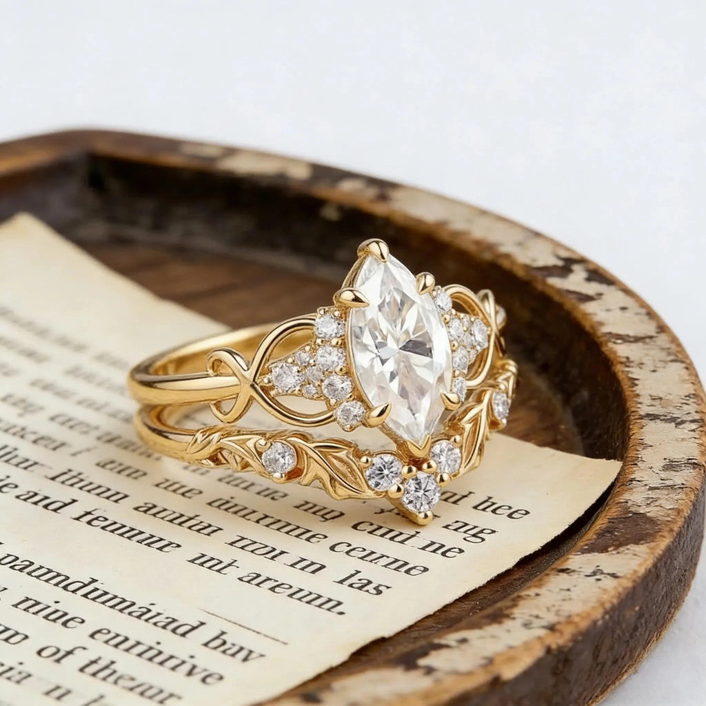 Marquise Moissanite Engagement Ring Set, Unique Leaf Wedding Band, Rose Gold Bridal Set, Cluster Diamond Infinity Ring, Curved Stacking Band
