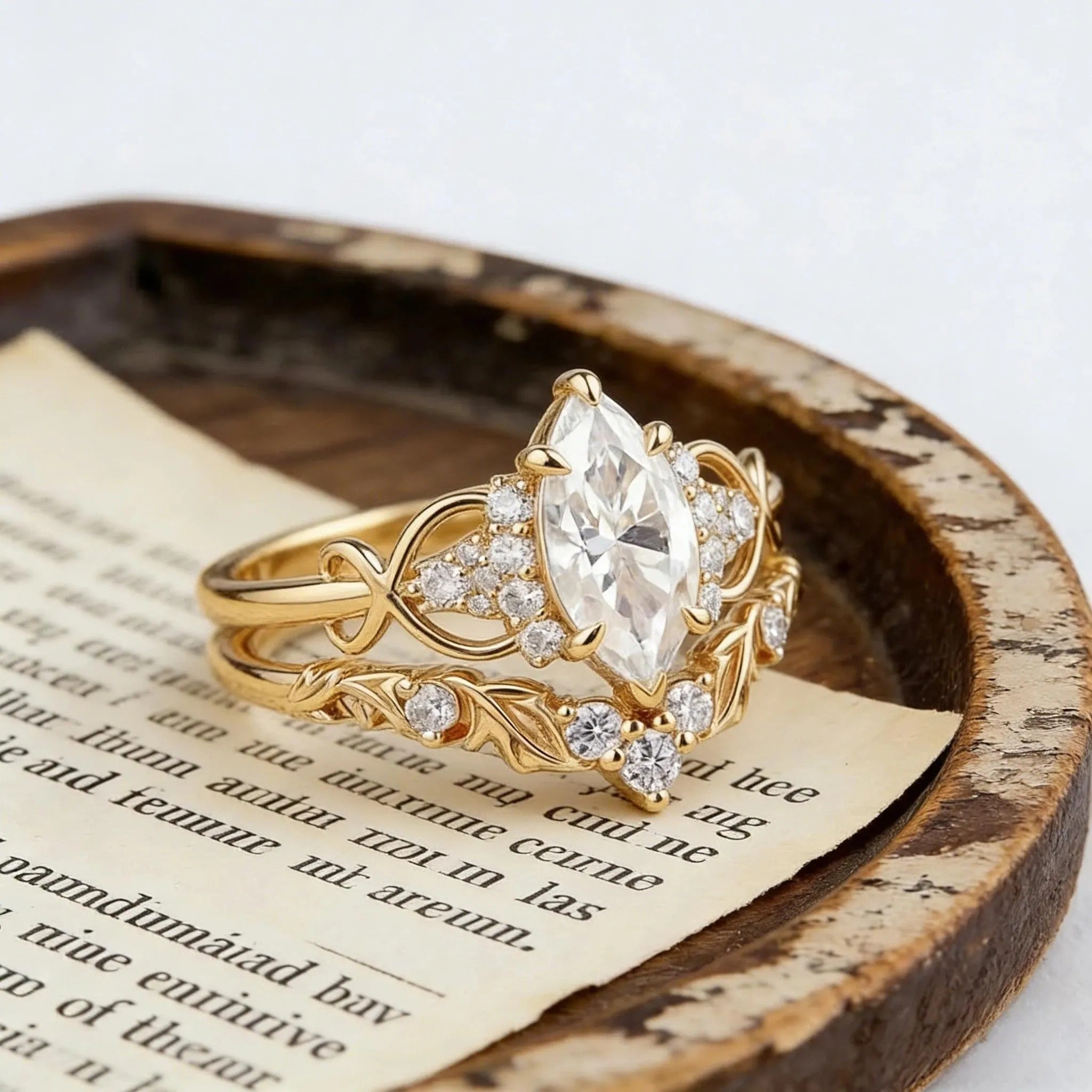 Marquise Moissanite Engagement Ring Set, Unique Leaf Wedding Band, Rose Gold Bridal Set, Cluster Diamond Infinity Ring, Curved Stacking Band