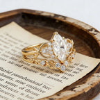 Marquise Moissanite Engagement Ring Set, Unique Leaf Wedding Band, Rose Gold Bridal Set, Cluster Diamond Infinity Ring, Curved Stacking Band