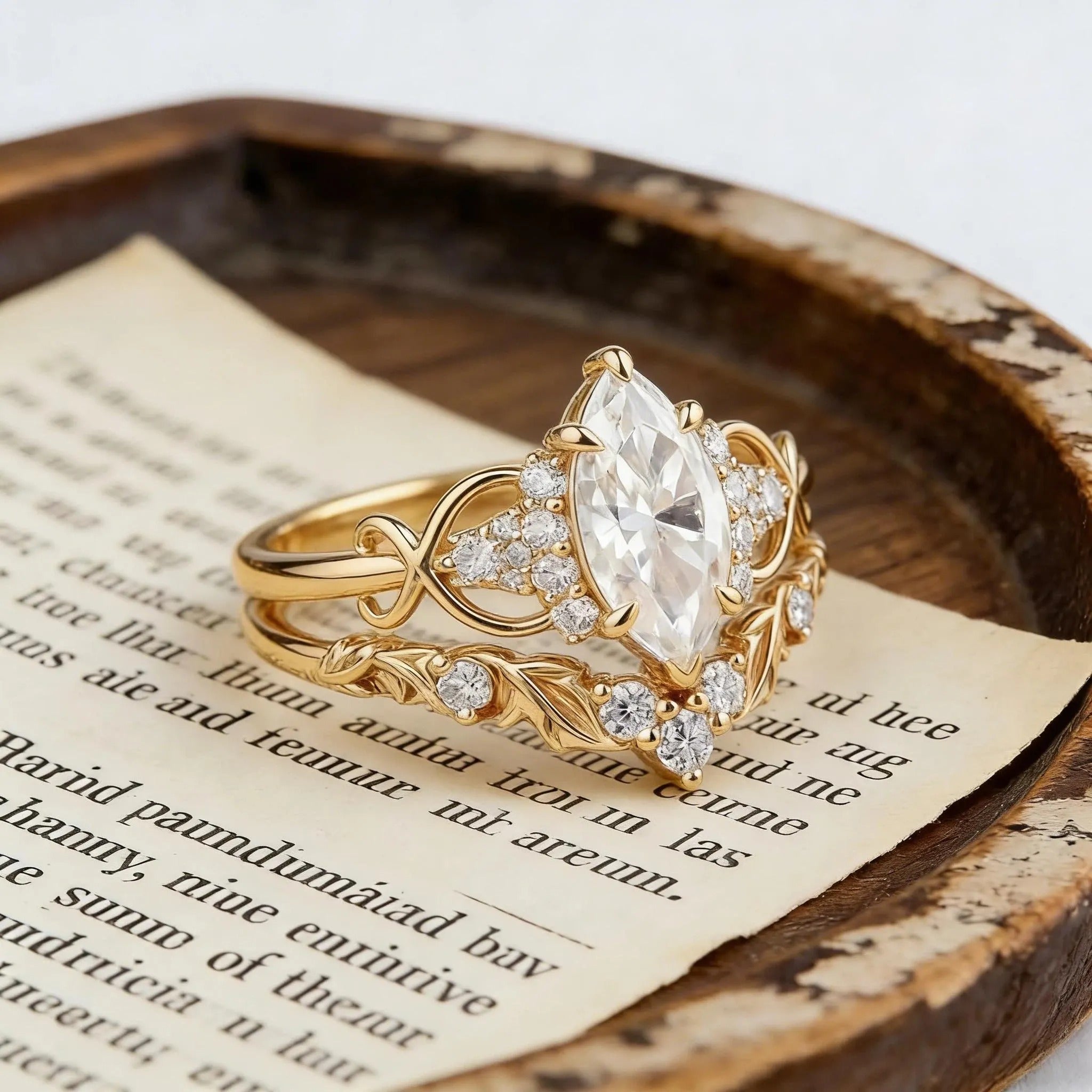 Marquise Moissanite Engagement Ring Set, Unique Leaf Wedding Band, Rose Gold Bridal Set, Cluster Diamond Infinity Ring, Curved Stacking Band