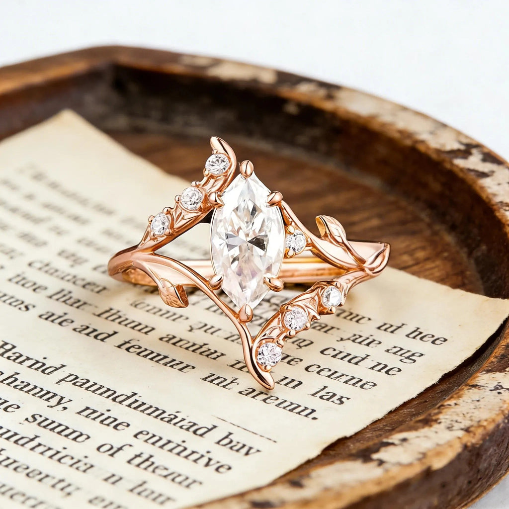 Marquise Moissanite Engagement Ring, Nature Inspired Leaf Vine Ring, Unique Vintage Wedding Ring, Gold Elven Engagement Ring, Promise Ring